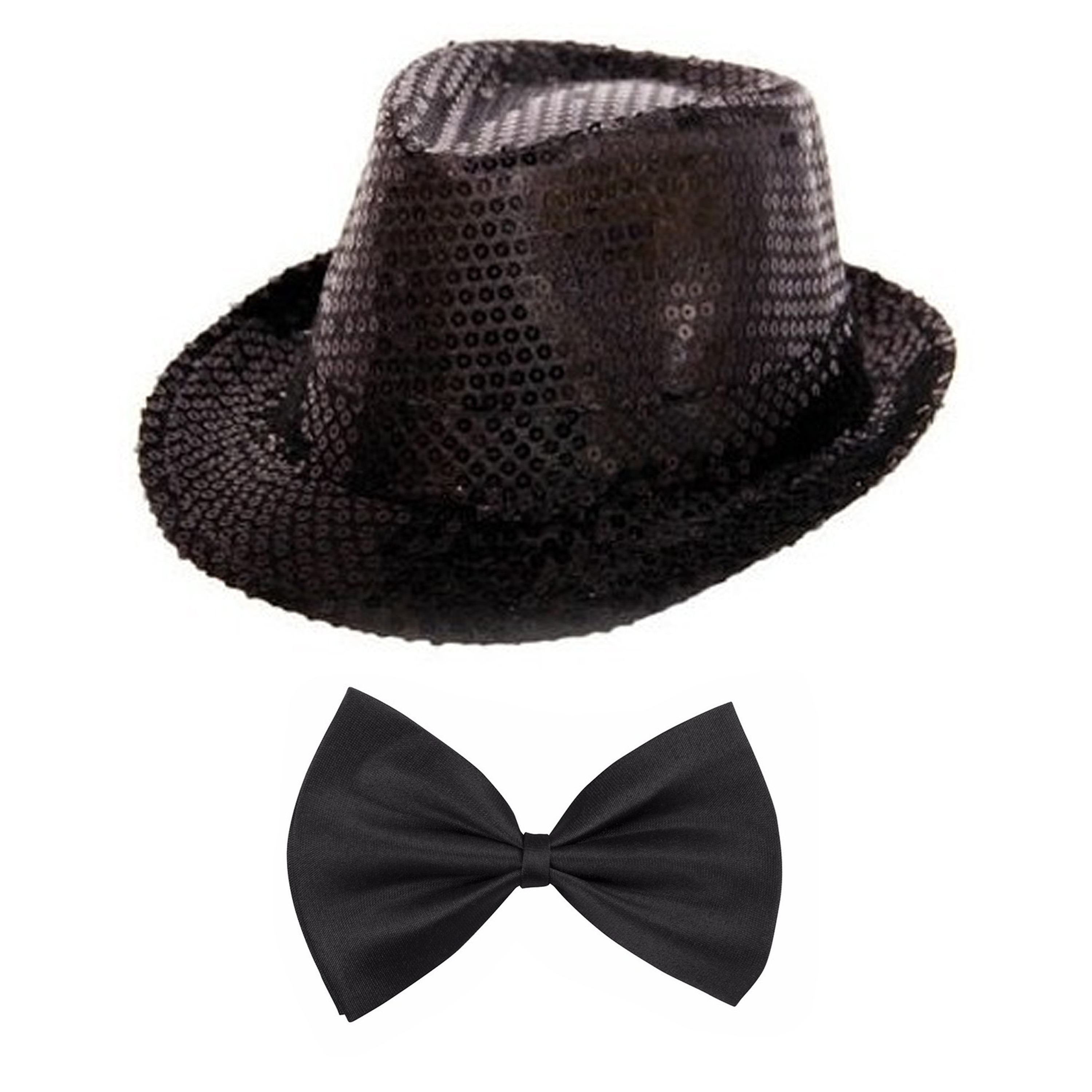 Toppers Carnaval verkleed set glitter hoed en strikje zwart