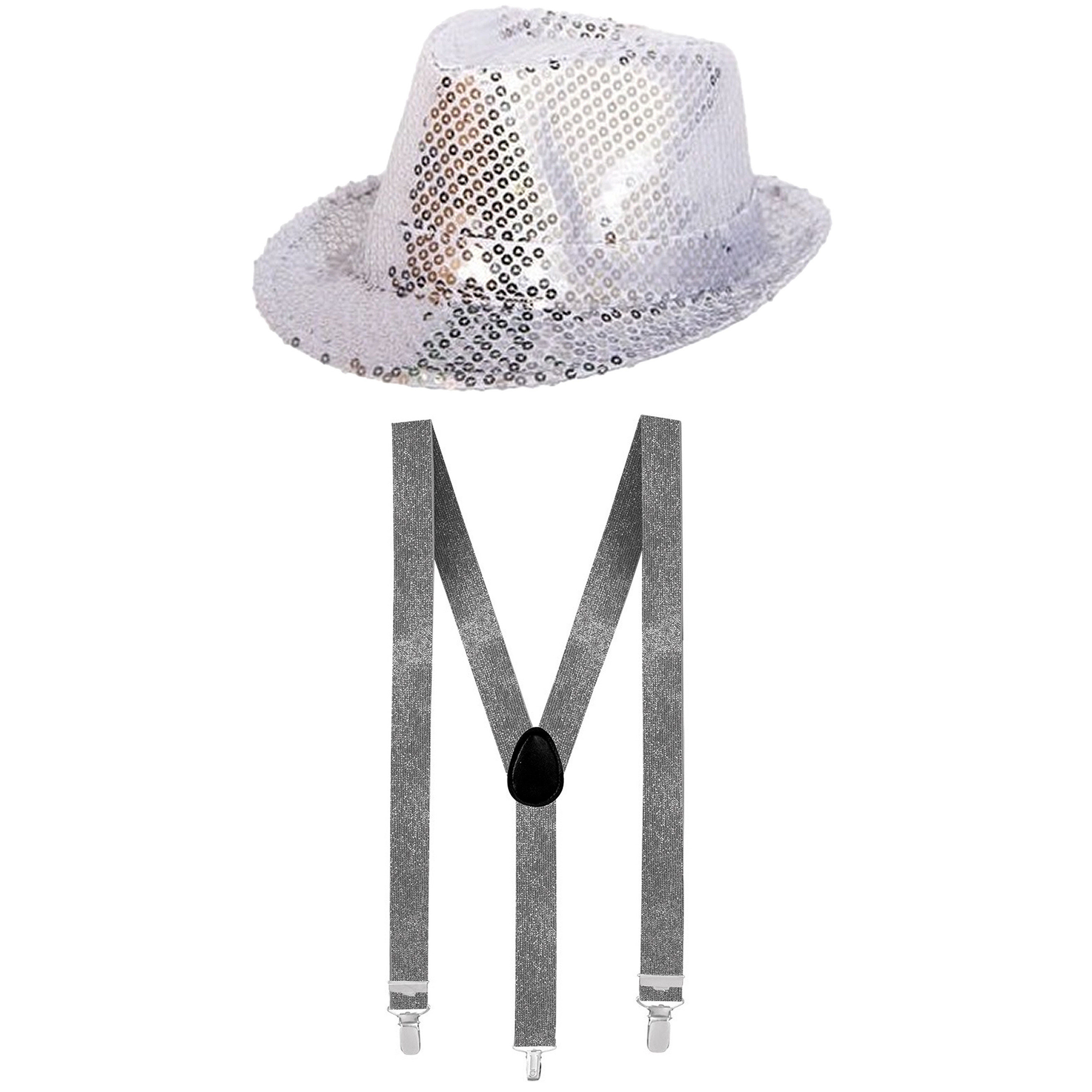 Toppers Carnaval verkleed set hoed met bretels zilver glitters