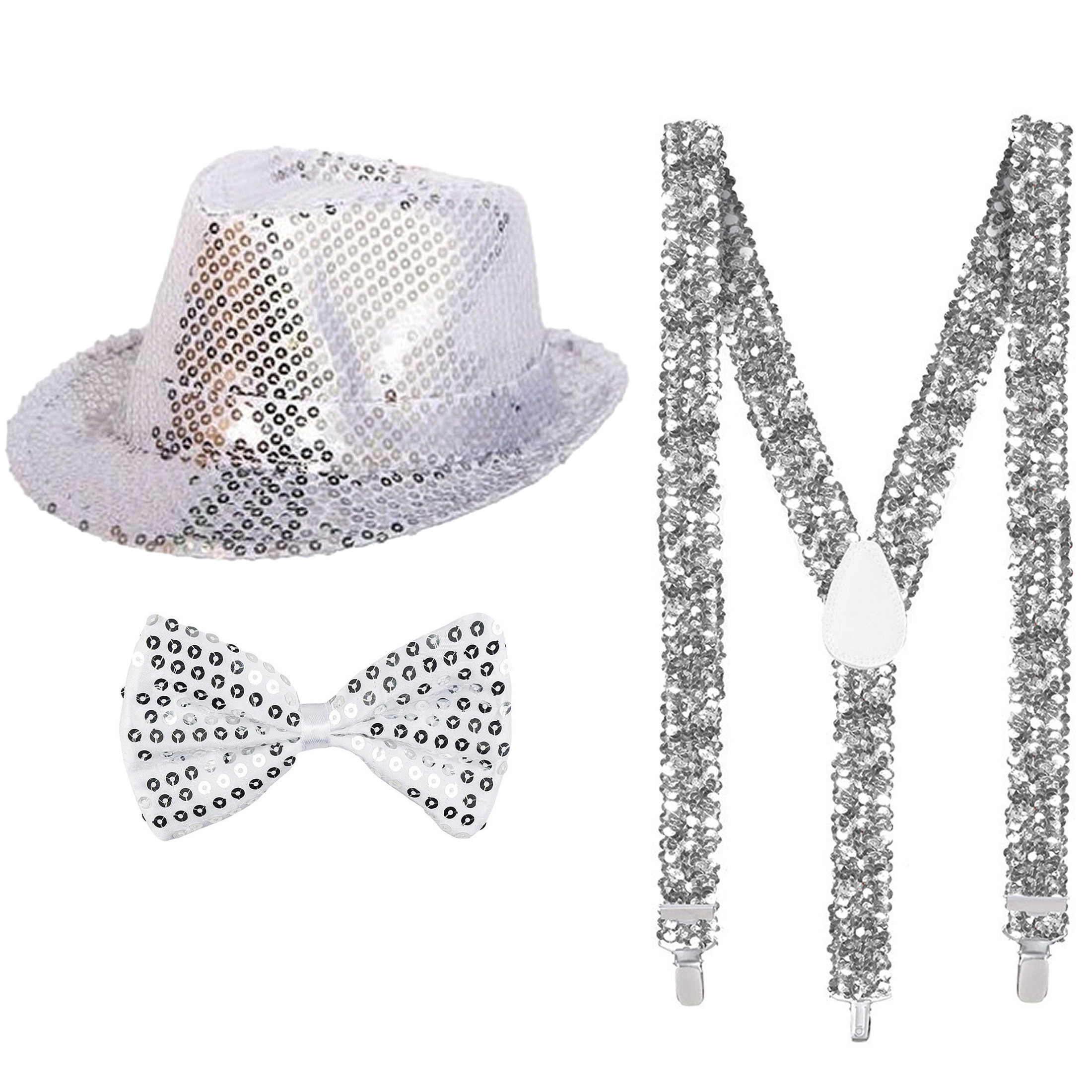 Toppers Carnaval verkleed set hoed-strikje-bretels zilver glitters