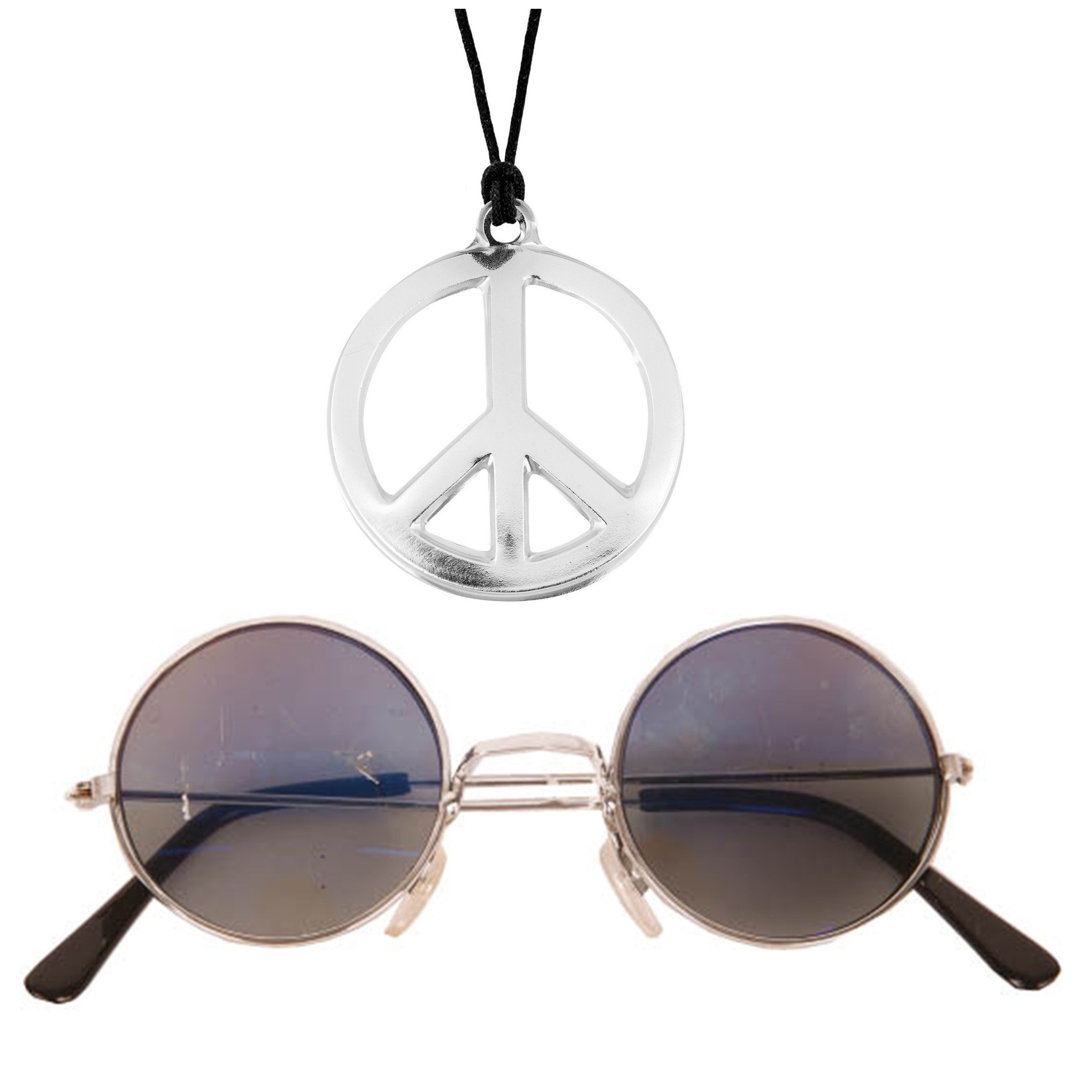 Toppers Hippie Flower Power sieraden set peace-sign ketting met groovy bril