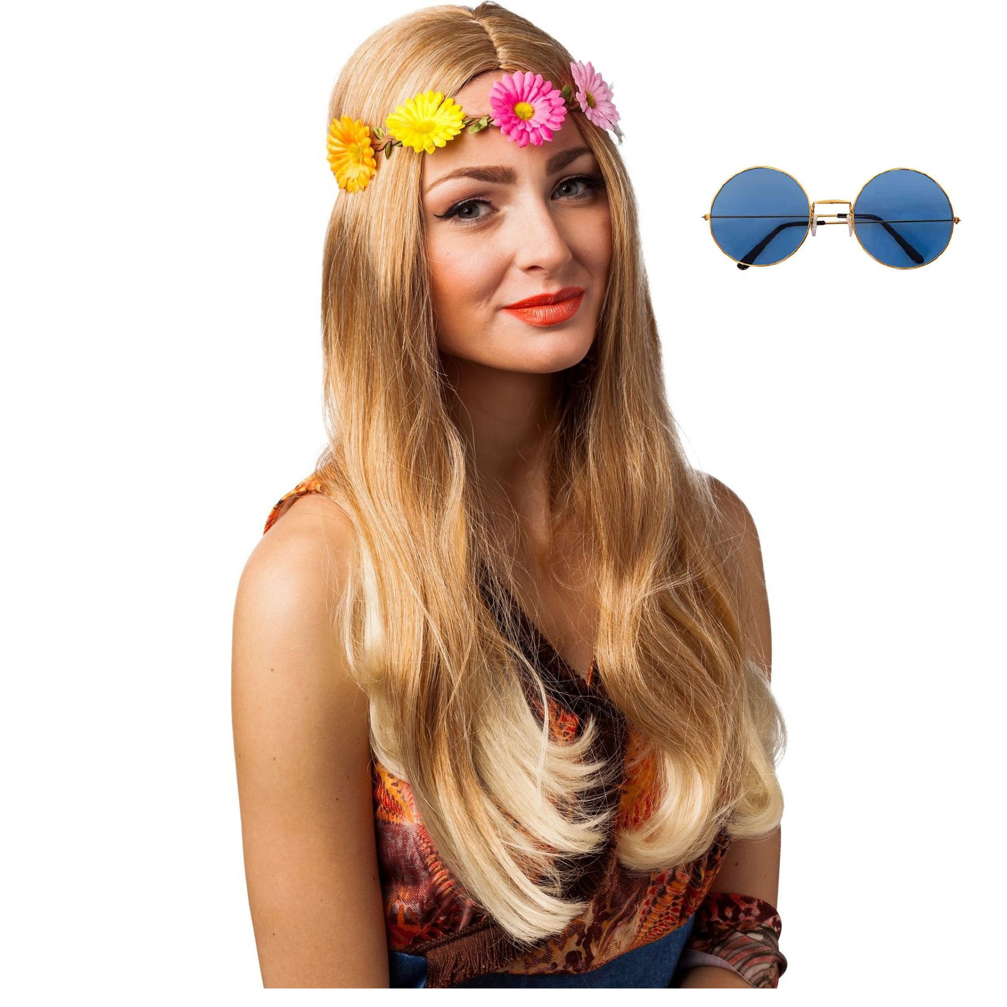 Toppers Hippie Flower Power Sixties verkleed set hoofdband met blauwe party bril
