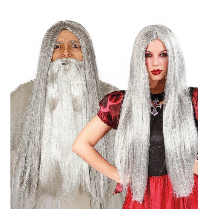 Tovenaarspruik-heksenpruik voor volwassenen grijs lang haar