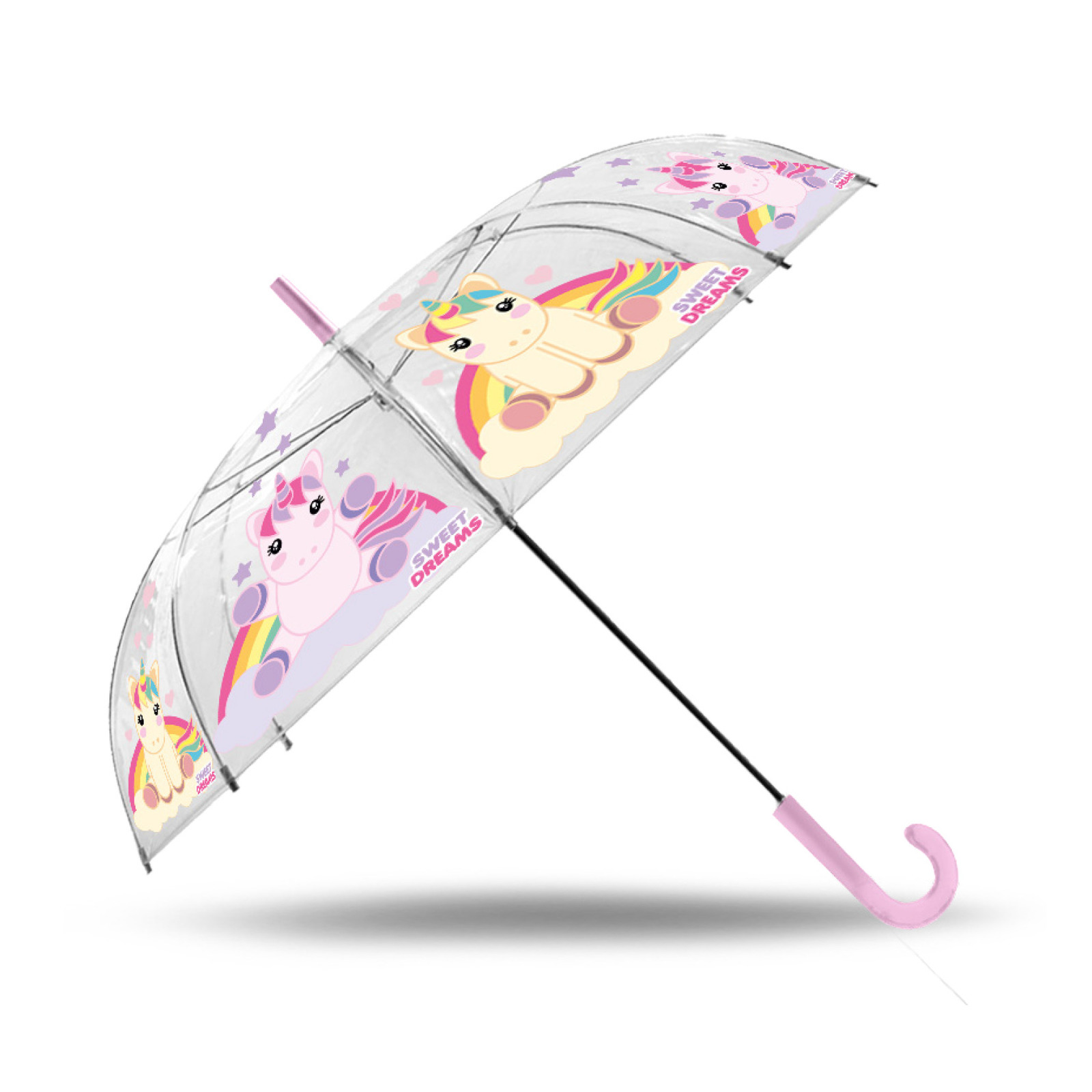 Transparante Sweet Dreams unicorn-eenhoorn paraplu voor meisjes 54 cm