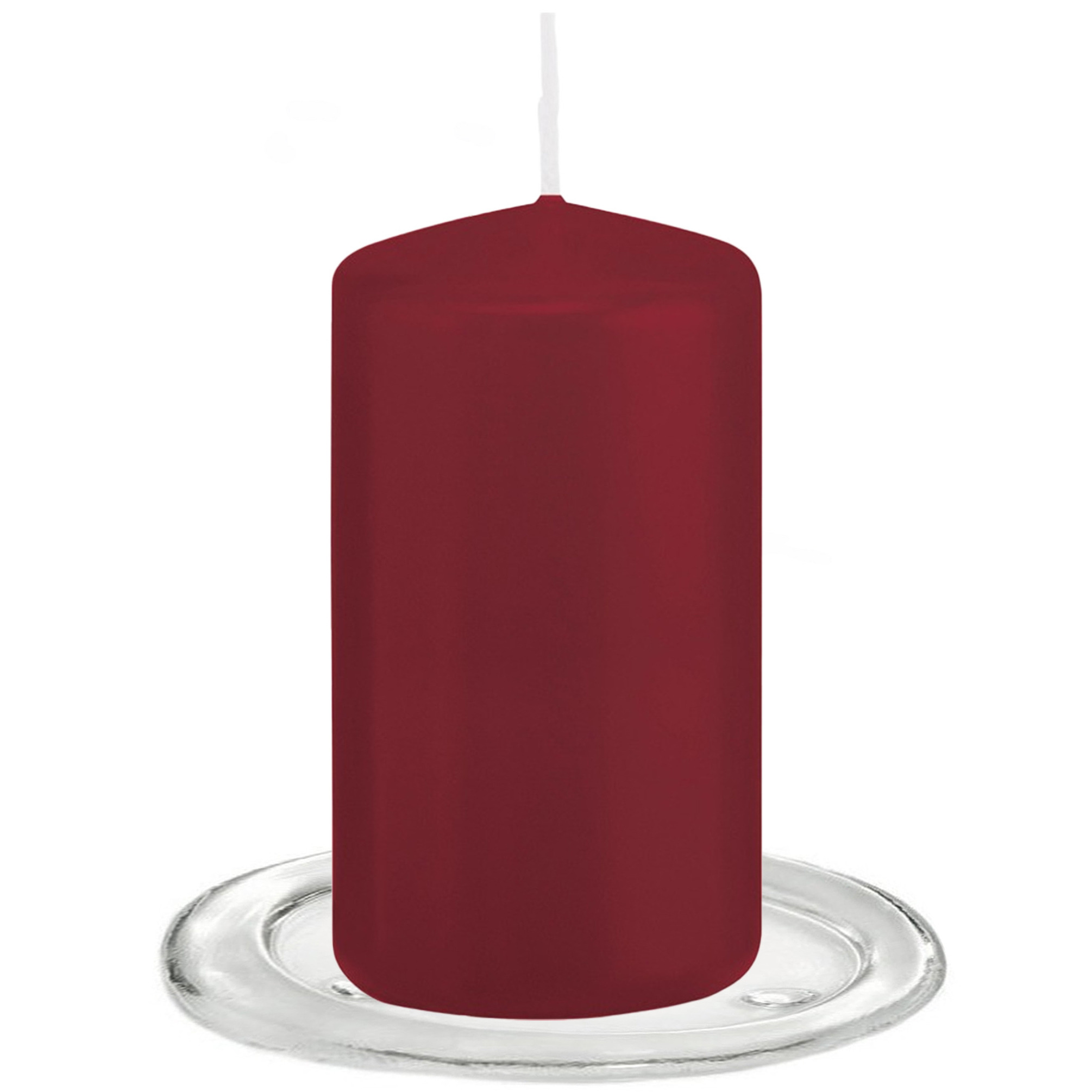Trend Candles Stompkaarsen met glazen onderzetters set van 2x stuks bordeaux rood 6 x 12 cm