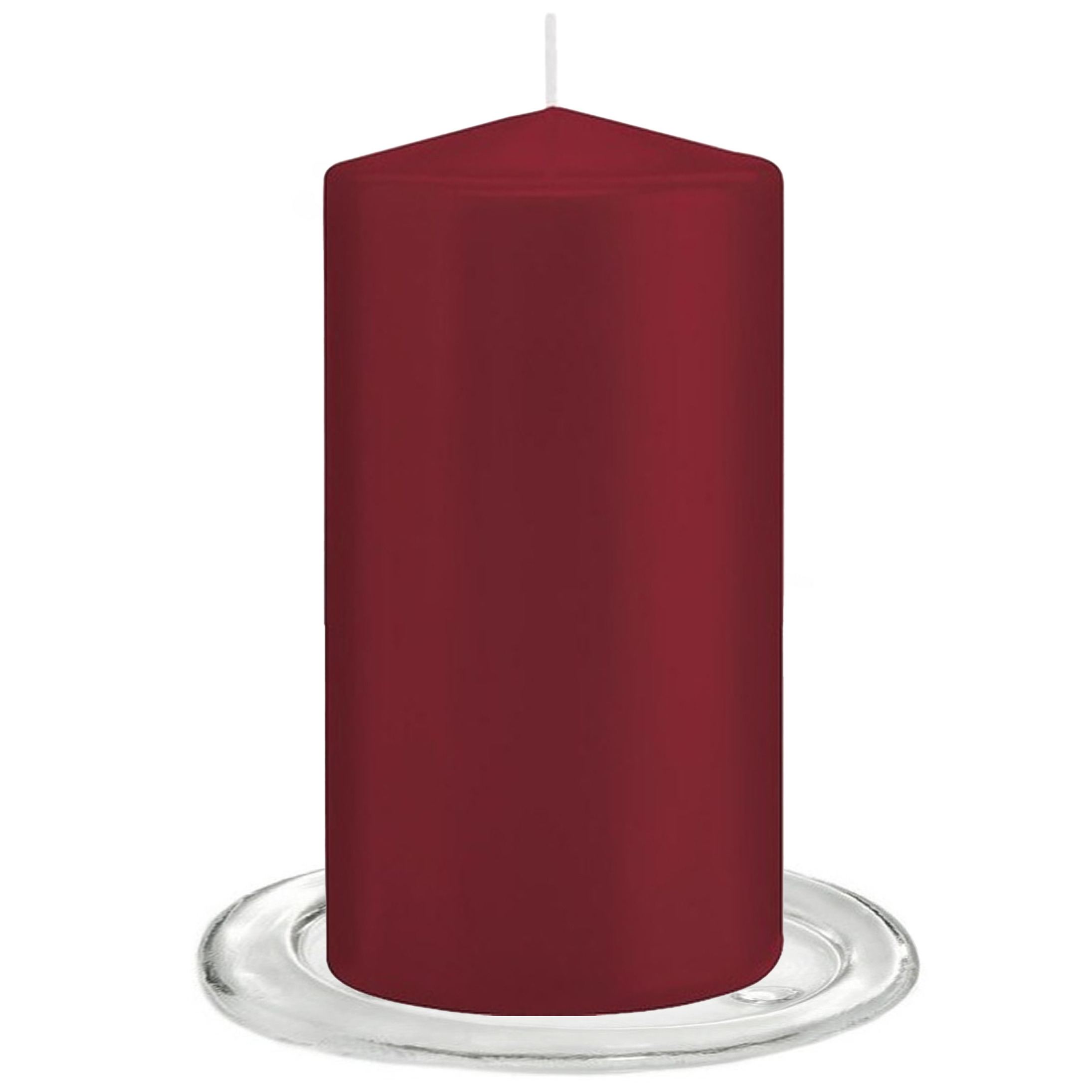 Trend Candles Stompkaarsen met glazen onderzetters set van 2x stuks bordeaux rood 8 x 15 cm