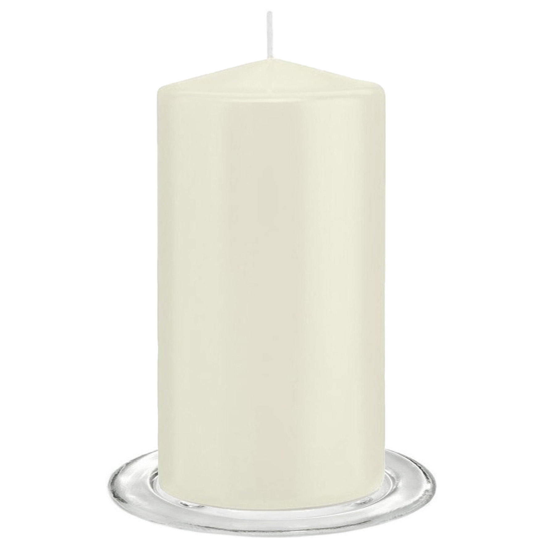 Trend Candles Stompkaarsen met glazen onderzetters set van 2x stuks ivoor wit 8 x 15 cm