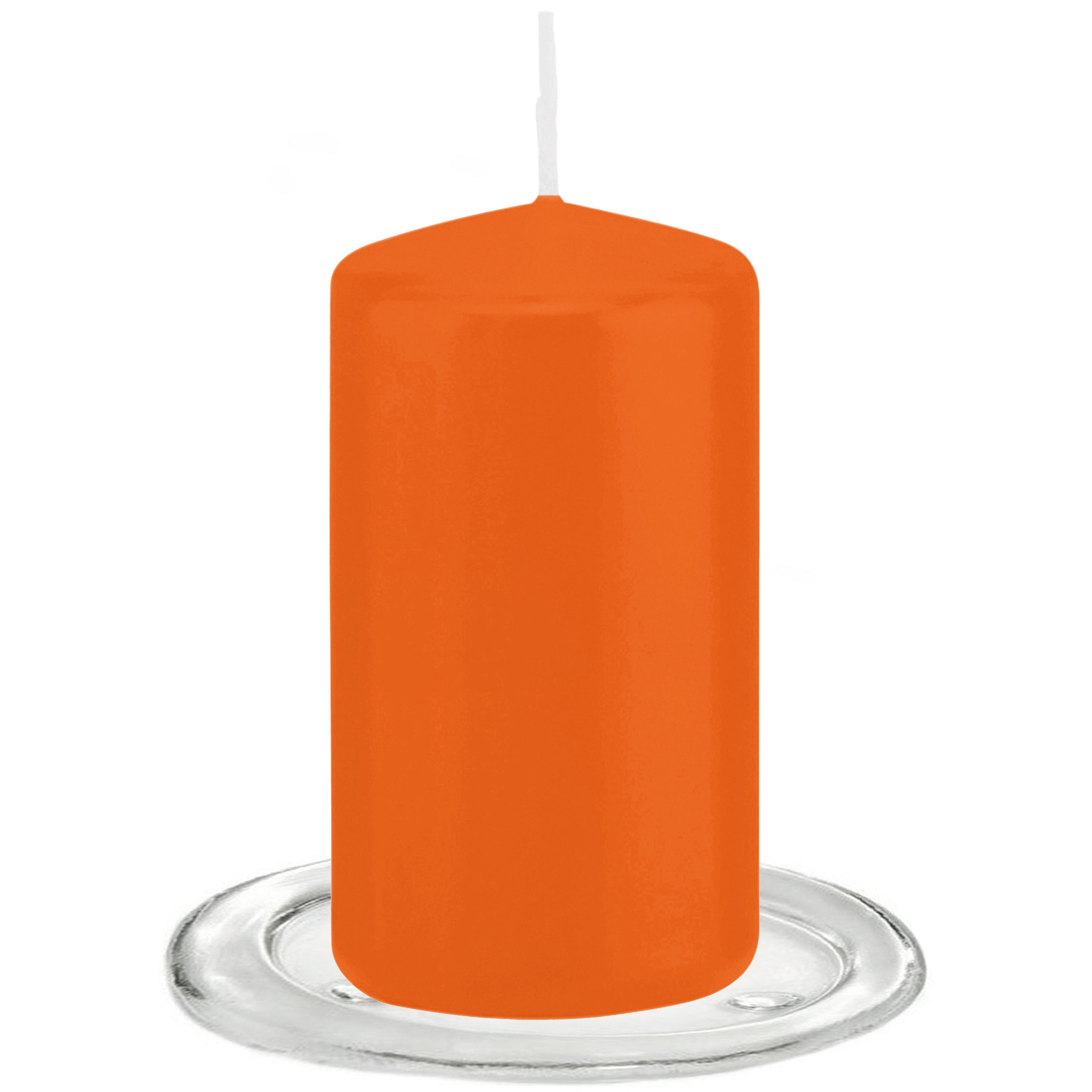 Trend Candles Stompkaarsen met glazen onderzetters set van 2x stuks oranje 6 x 12 cm