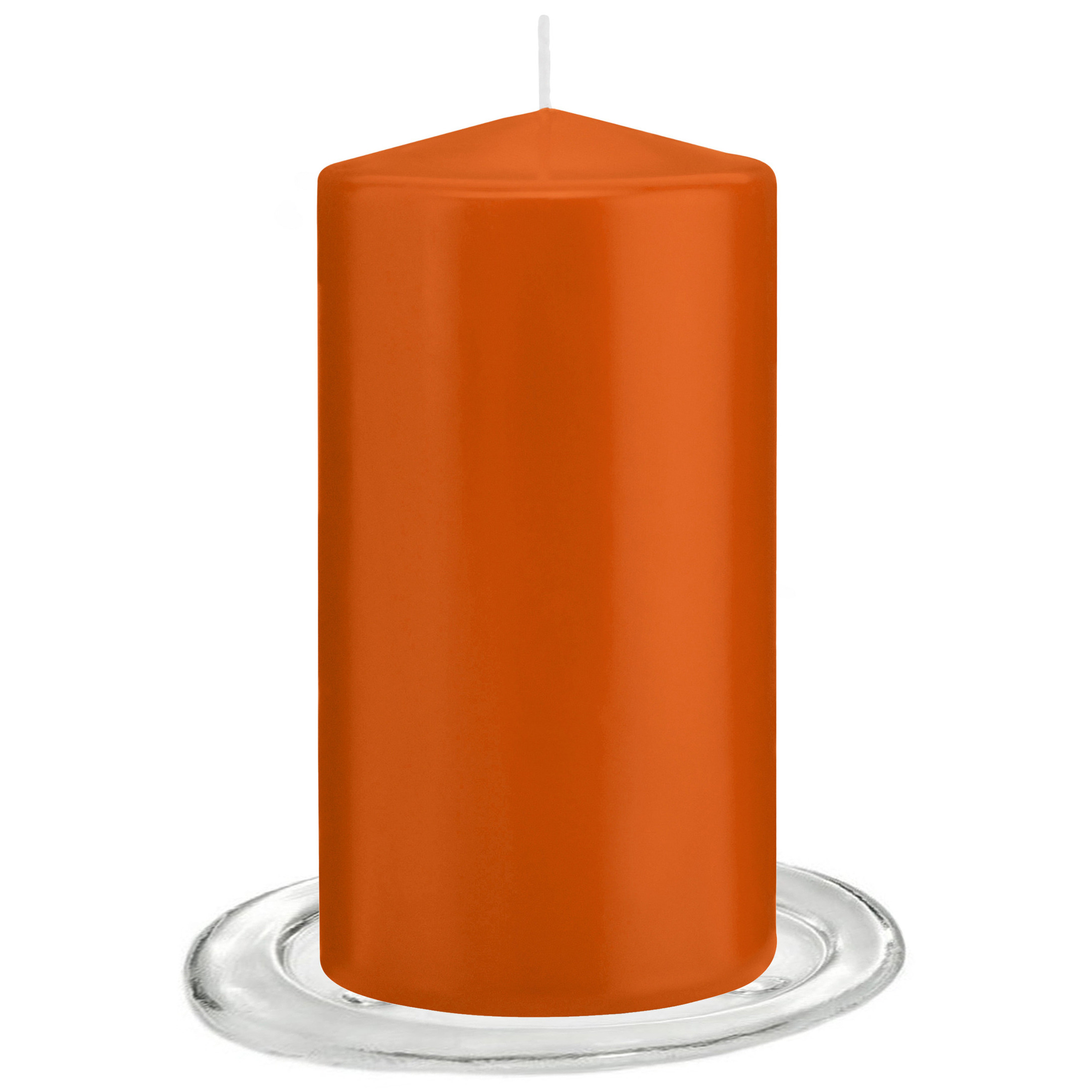 Trend Candles Stompkaarsen met glazen onderzetters set van 2x stuks oranje 8 x 15 cm