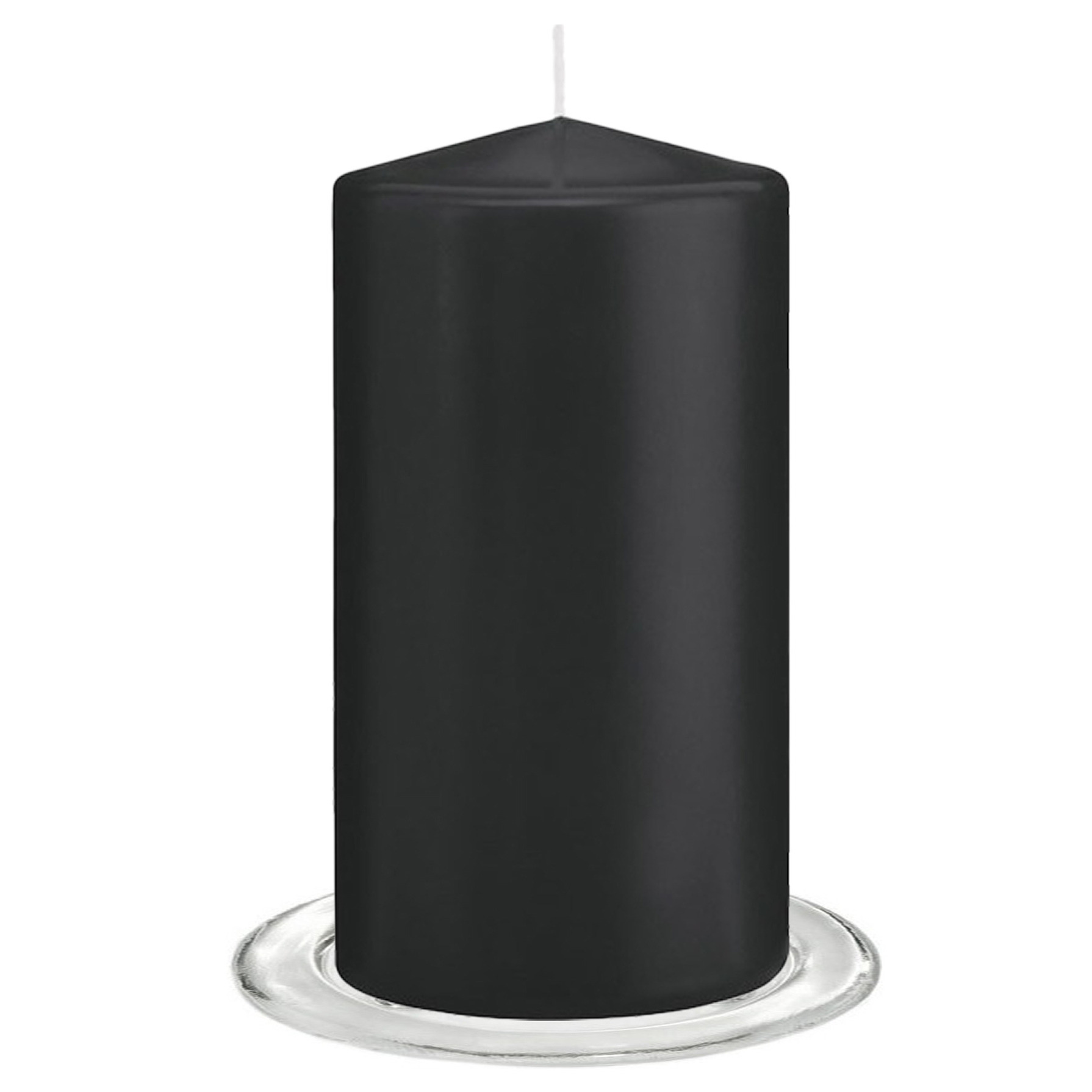 Trend Candles Stompkaarsen met glazen onderzetters set van 2x stuks zwart 8 x 15 cm
