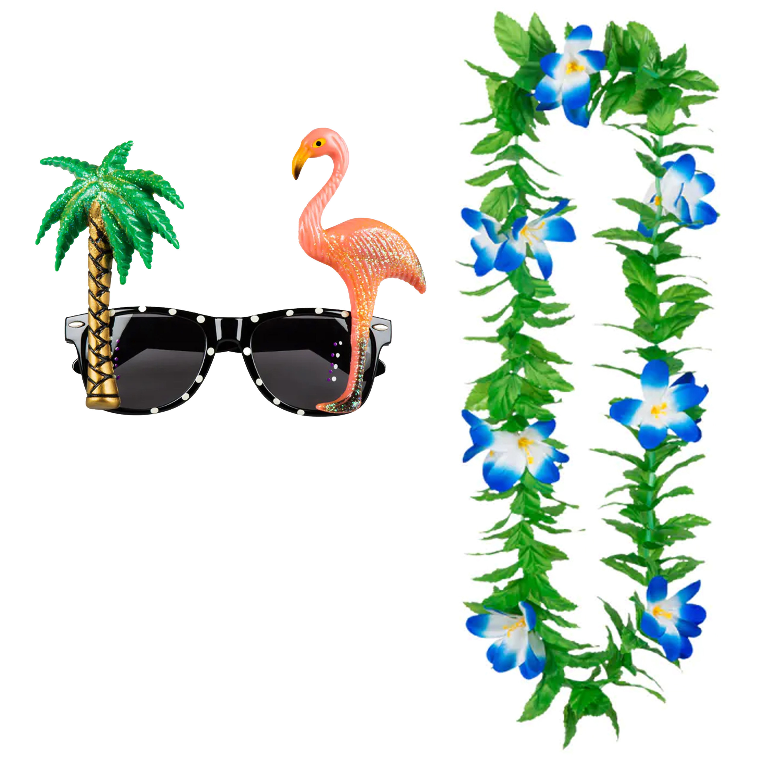 Tropische Hawaii party verkleed accessoires set Funny zonnebril en bloemenkrans groen-blauw