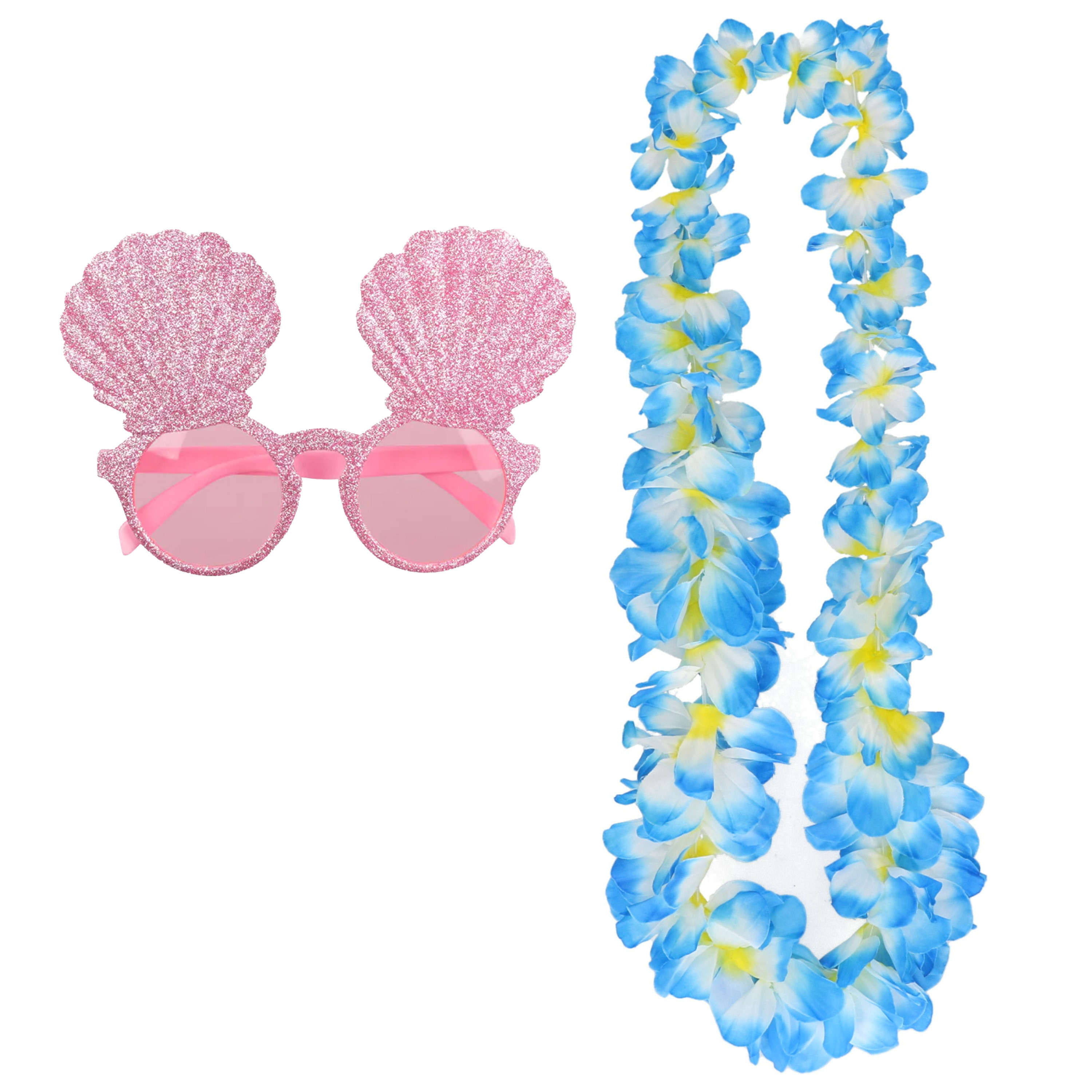 Tropische Hawaii party verkleed accessoires set schelpen zonnebril en bloemenkrans blauw