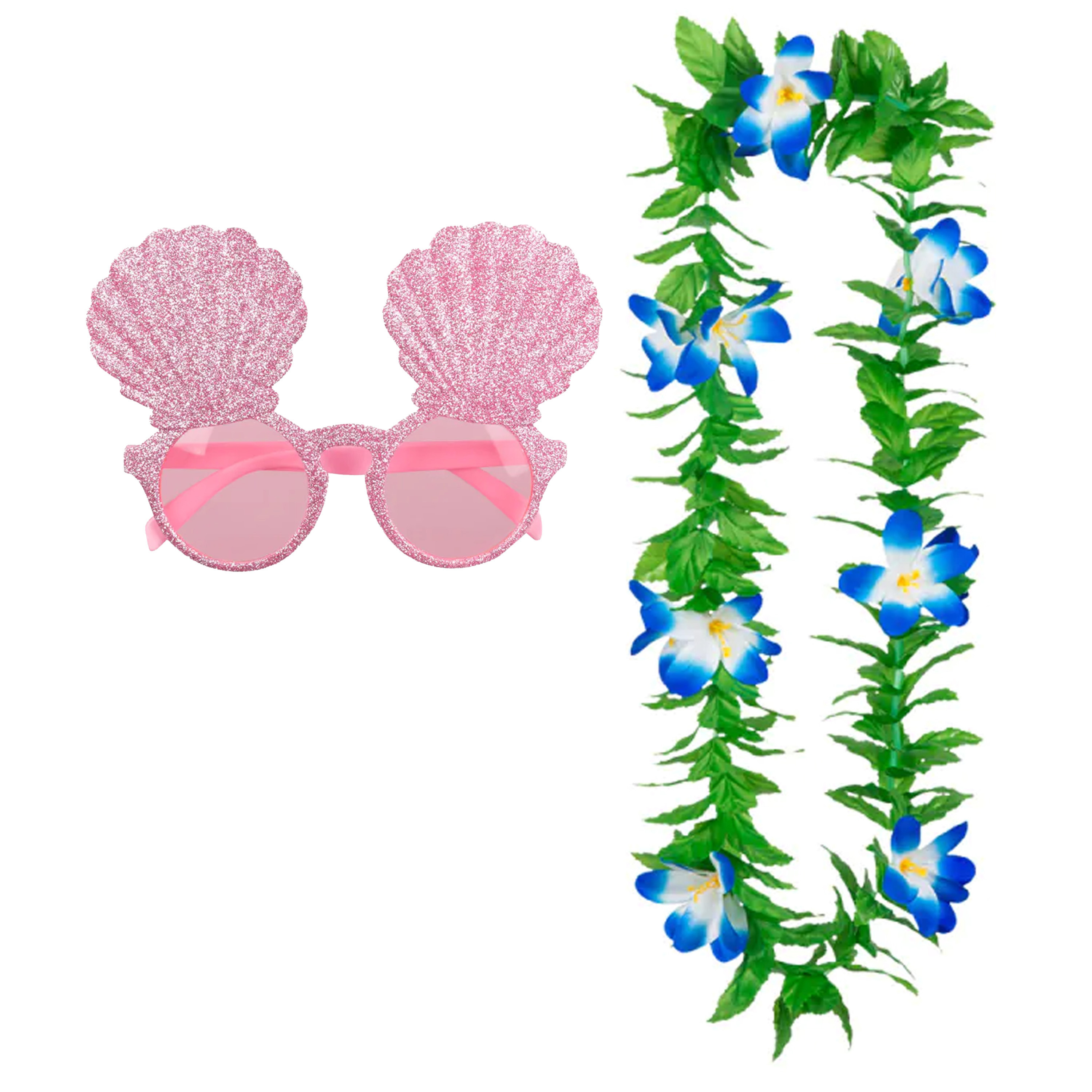 Tropische Hawaii party verkleed accessoires set schelpen zonnebril en bloemenkrans groen-blauw