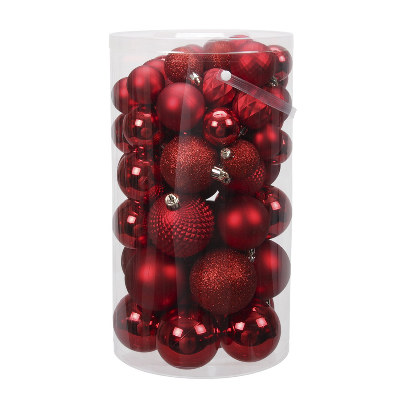 Tube 60x rode kunststof kerstballen 4 -7 cm glans-mat-bewerkt