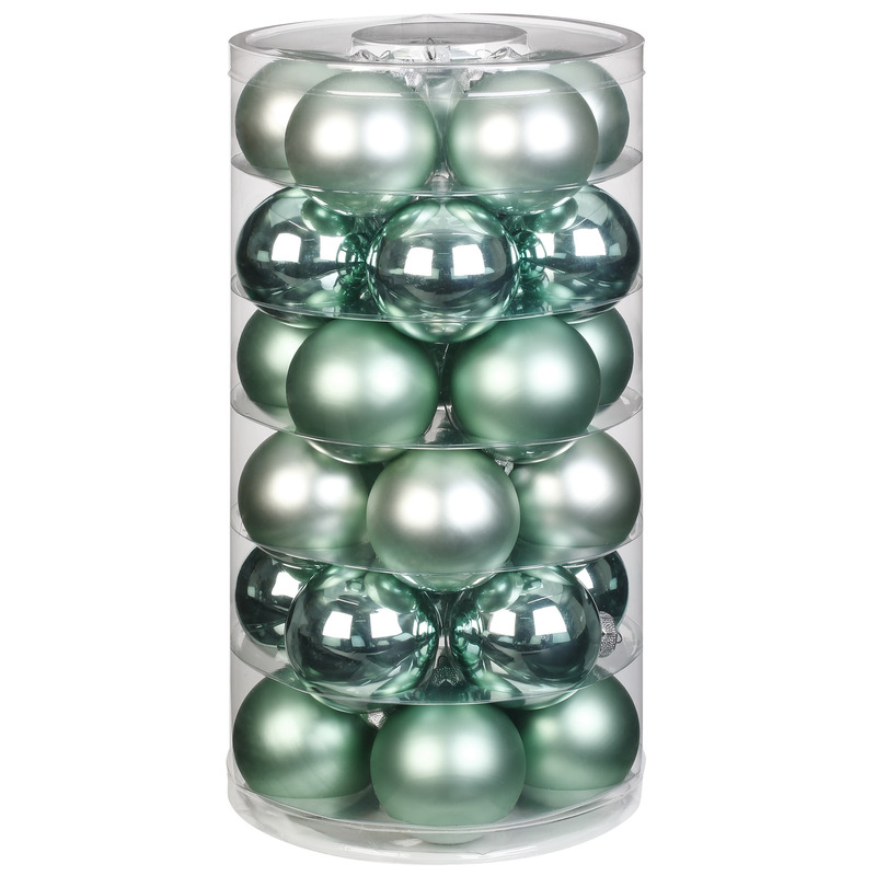 Tube met 30 mint groene kerstballen van glas 6 cm glans en mat