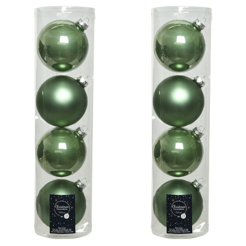 Tubes met 8x salie groene kerstballen van glas 10 cm glans en mat