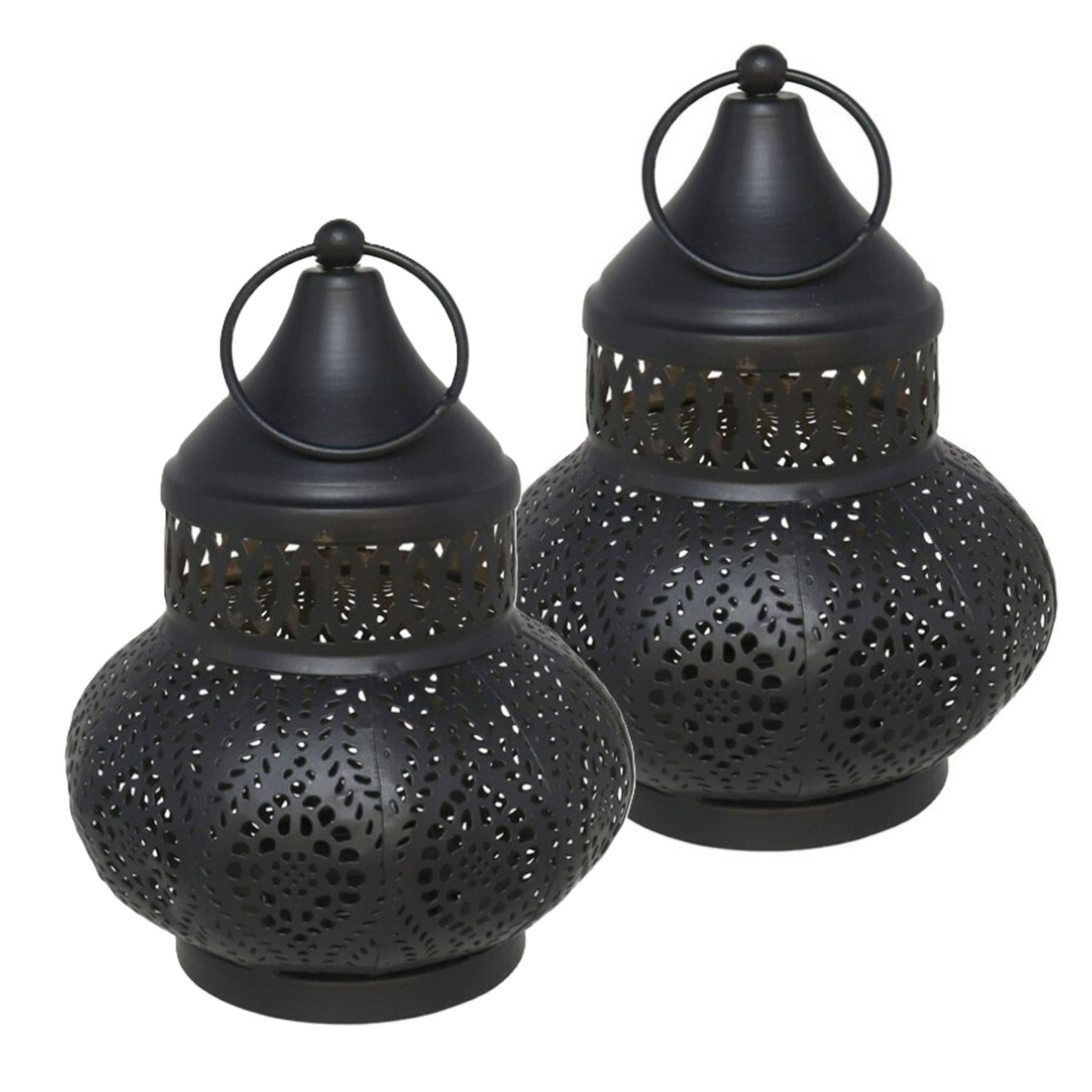 Tuin deco lantaarn - 2x - Marokkaanse sfeer stijl - zwart/goud - D12 x H16 cm - metaal - buitenverlichting?- buitenverlichting