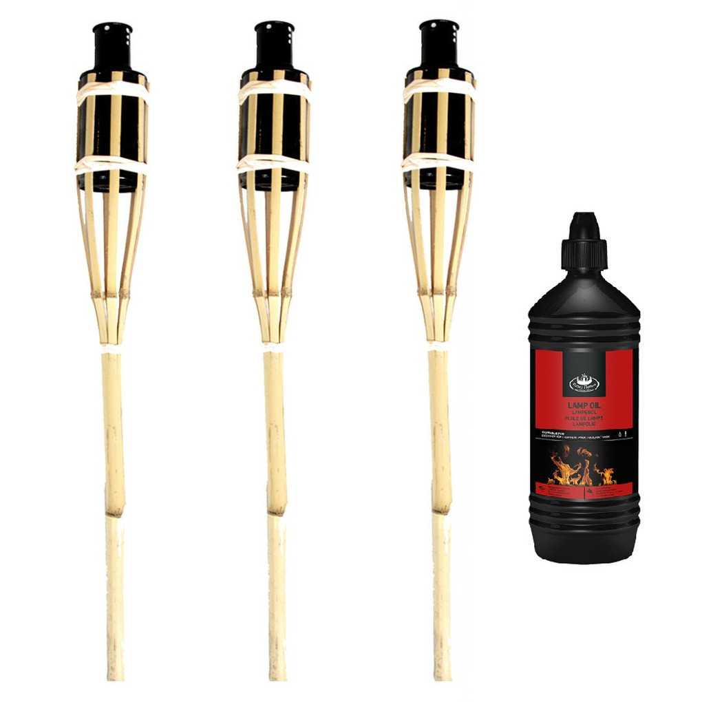 Tuinfakkels 3x stuks 60 cm van bamboe inclusief 1 liter lampenolie-fakkelolie