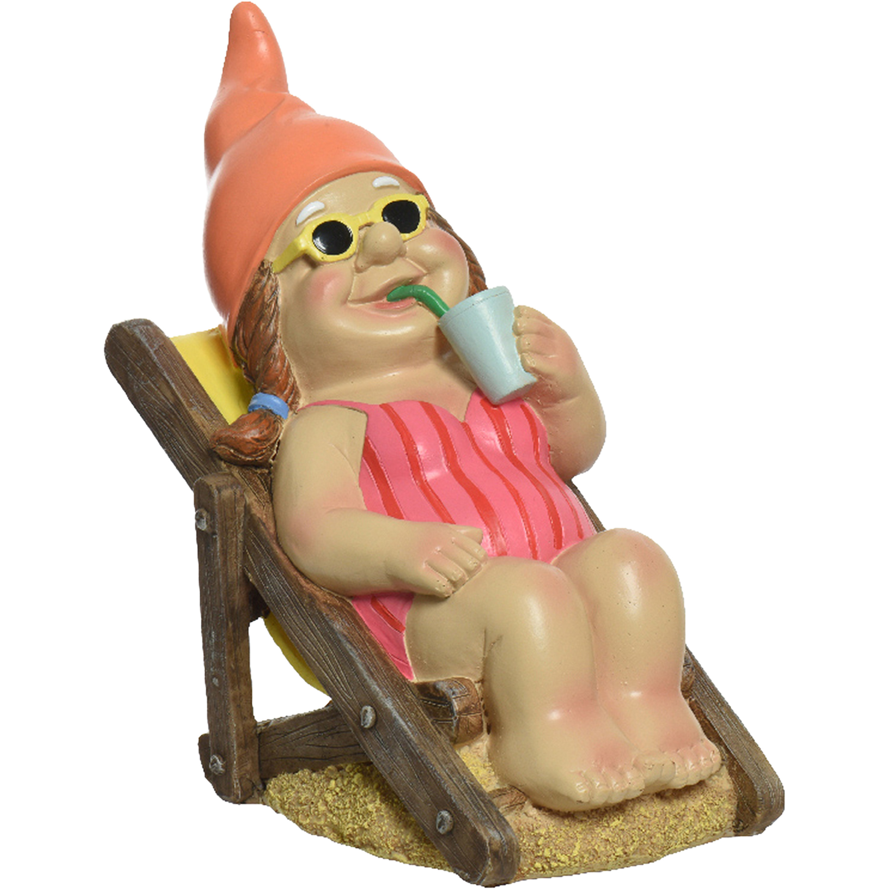 Tuinkabouter vrouw zonnend in strandstoel kunststeen H21 cm