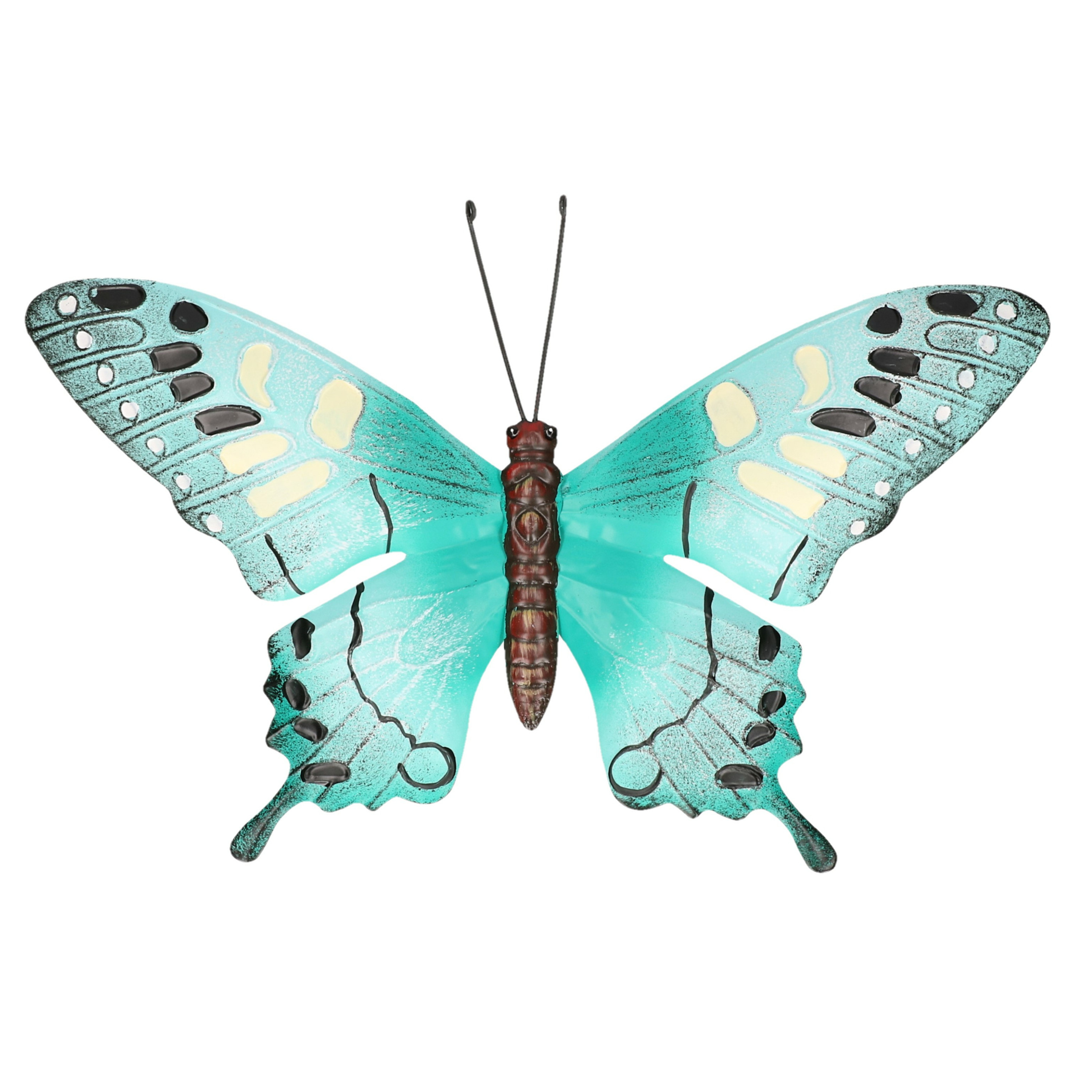 Turquoise blauw-zwarte metalen tuindecoratie vlinder 37 cm
