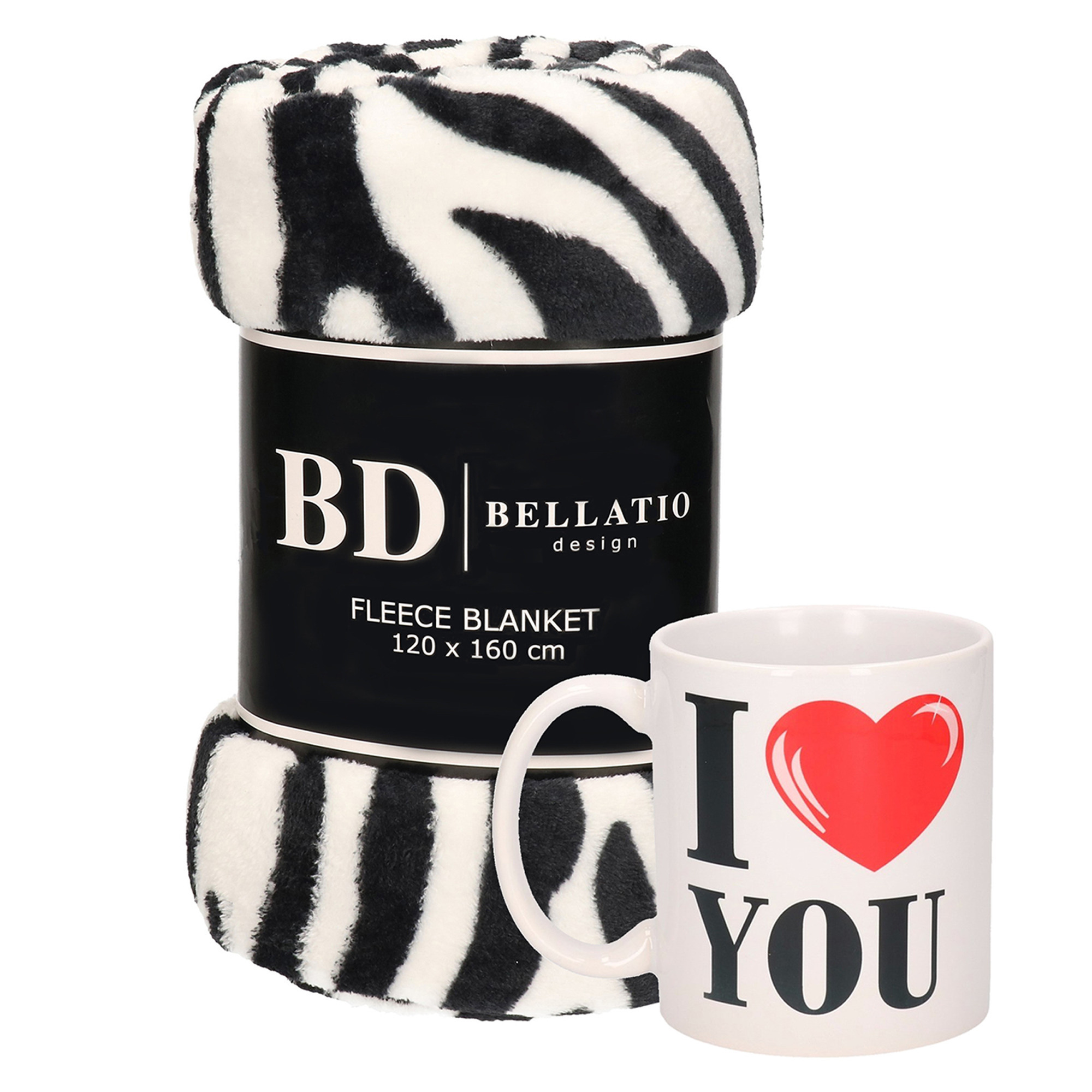 Valentijn cadeau set Fleece plaid-deken zebra print met I love you mok