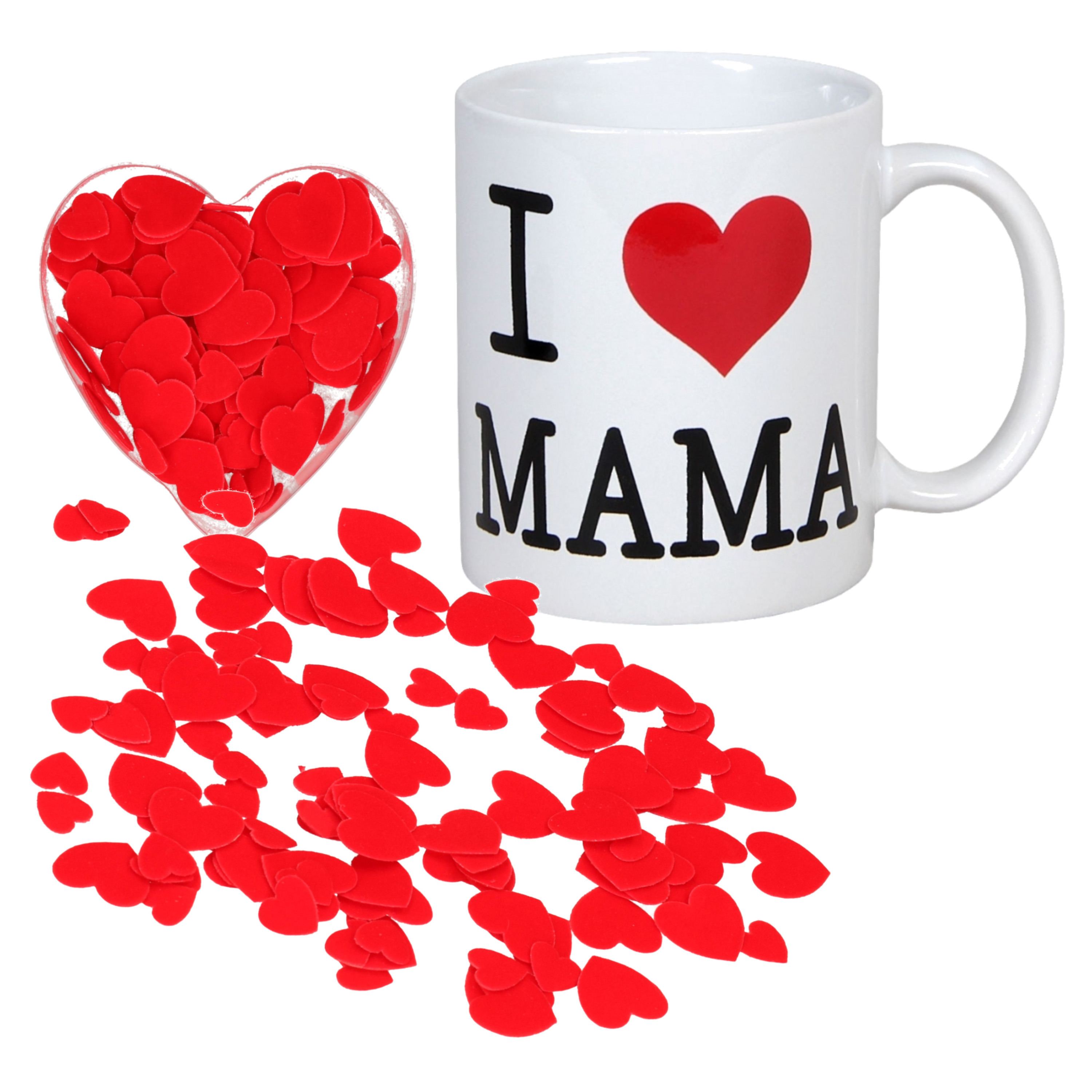 Valentijnsdag cadeau set koffie mok-beker Mama met deco strooi hartjes