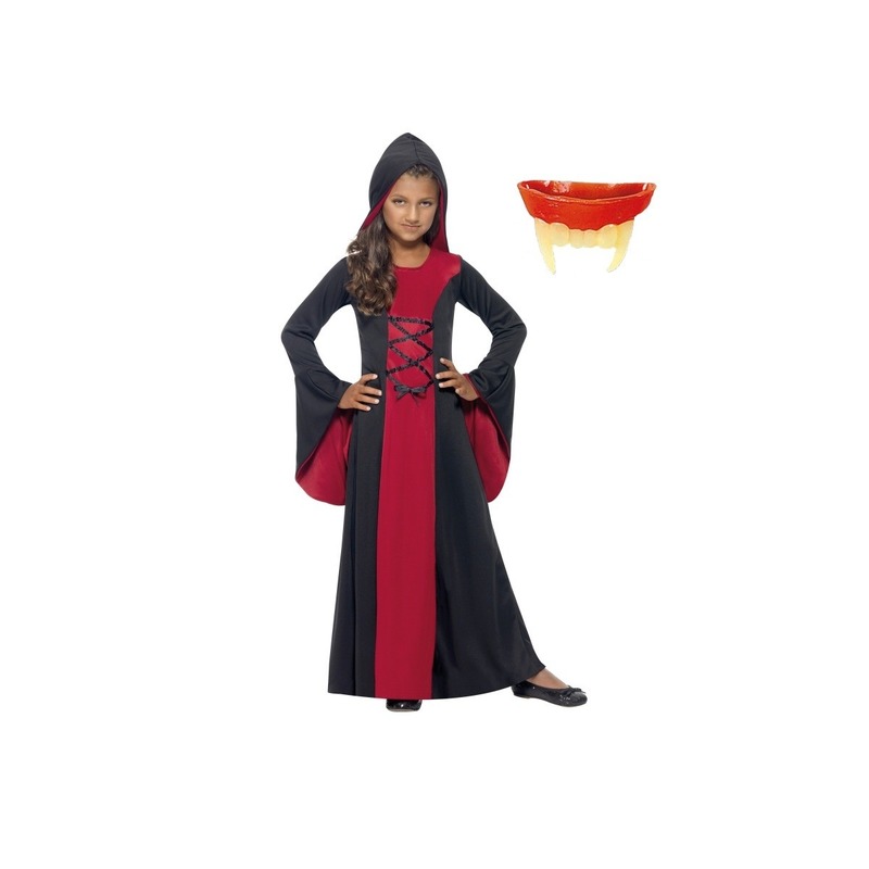 Vampier jurk rood-zwart maat L voor meiden inclusief gebit