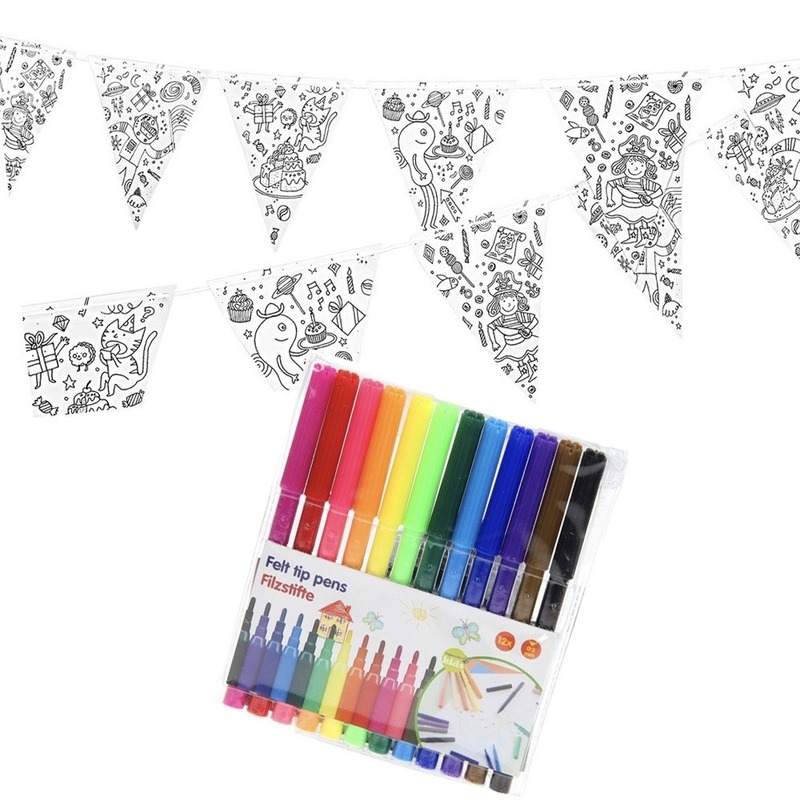 Verjaardag slinger-vlaggenlijn om in te kleuren met stiften voor kinderen