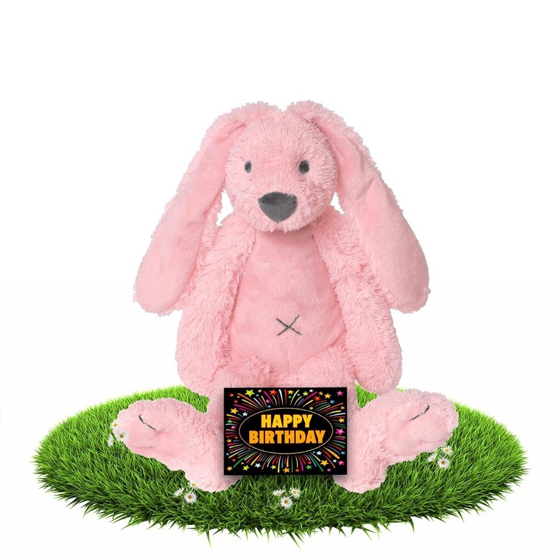 Verjaardagscadeau knuffel konijn-haas 28 cm roze met gratis wenskaart