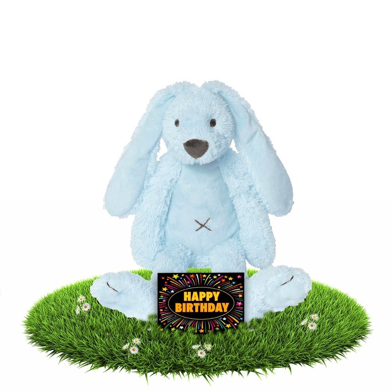 Verjaardagscadeau knuffel konijn-haas blauw 28 cm met gratis wenskaart