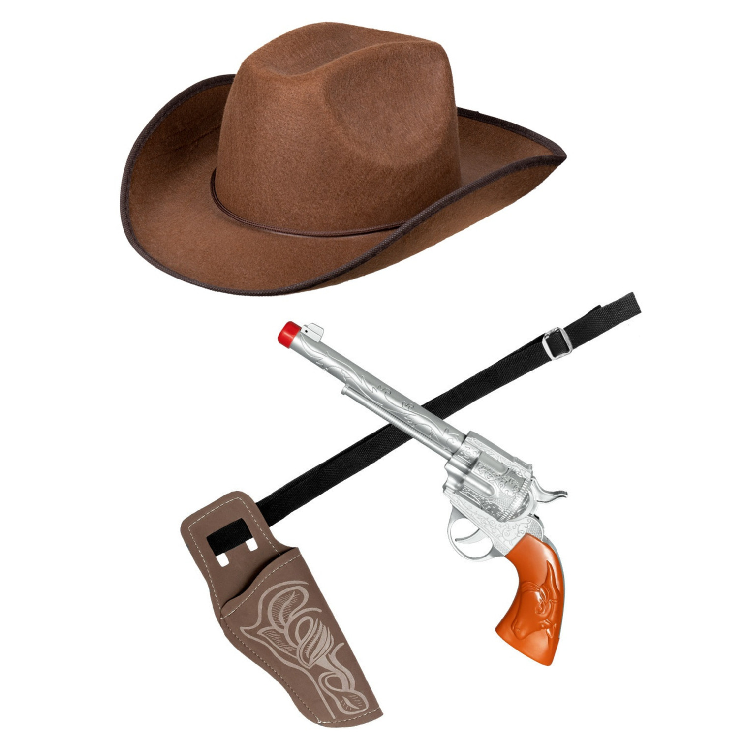 Verkleed set cowboyhoed Rodeo bruin met holster en pistool voor volwassenen