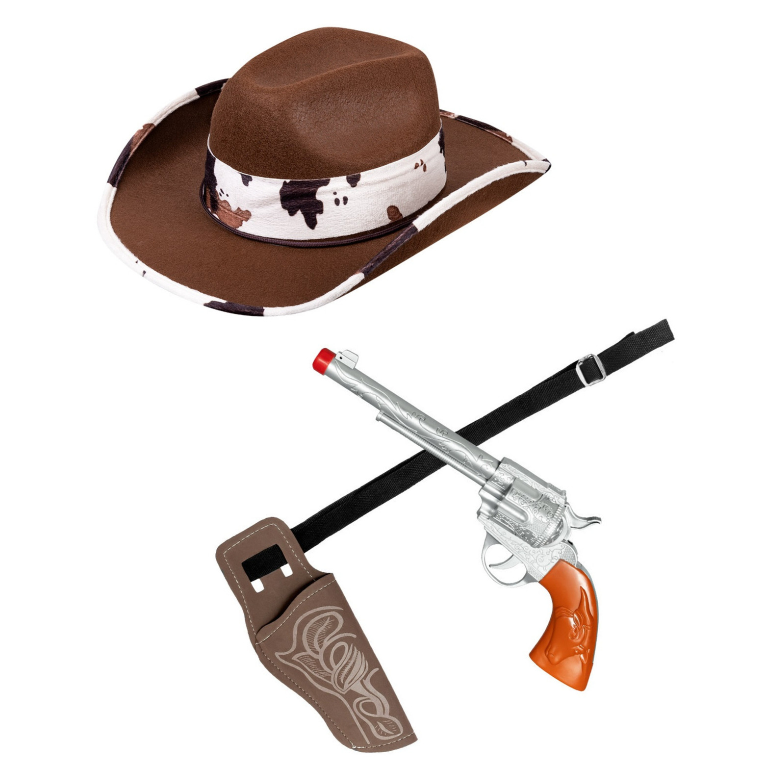 Verkleed set cowboyhoed Rodeo bruin-wit met holster en pistool voor volwassenen