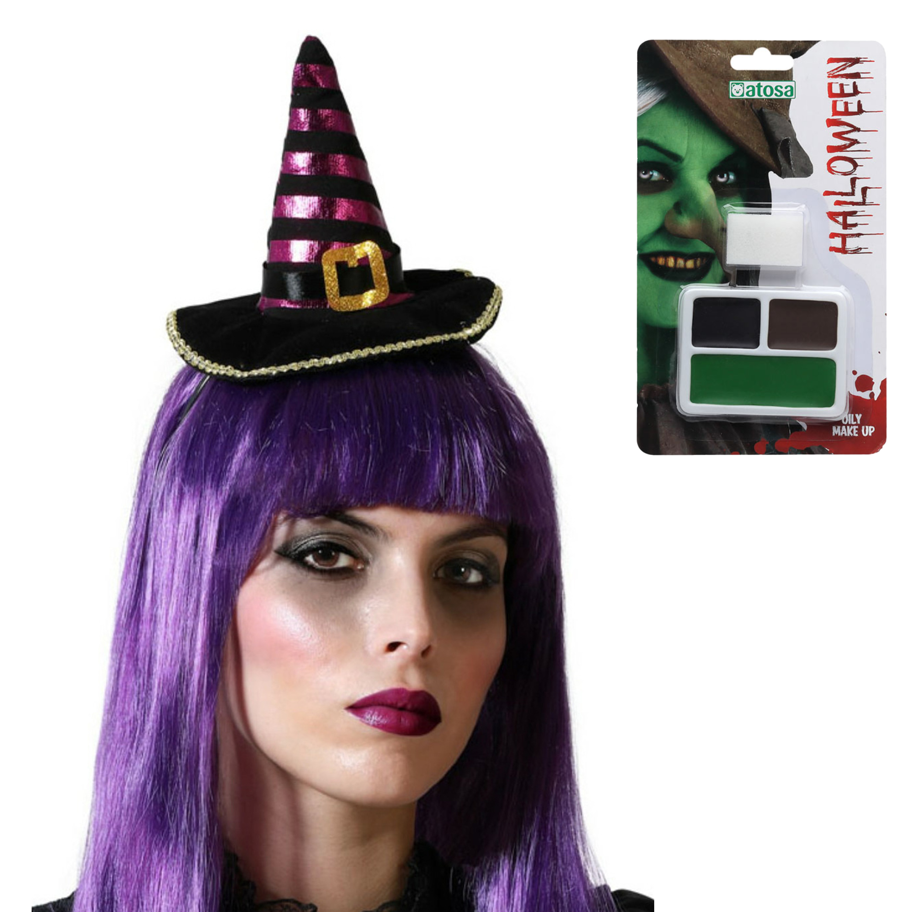 Verkleed setje heks Mini hoed op diadeem en schmink setje Carnaval-Halloween thema