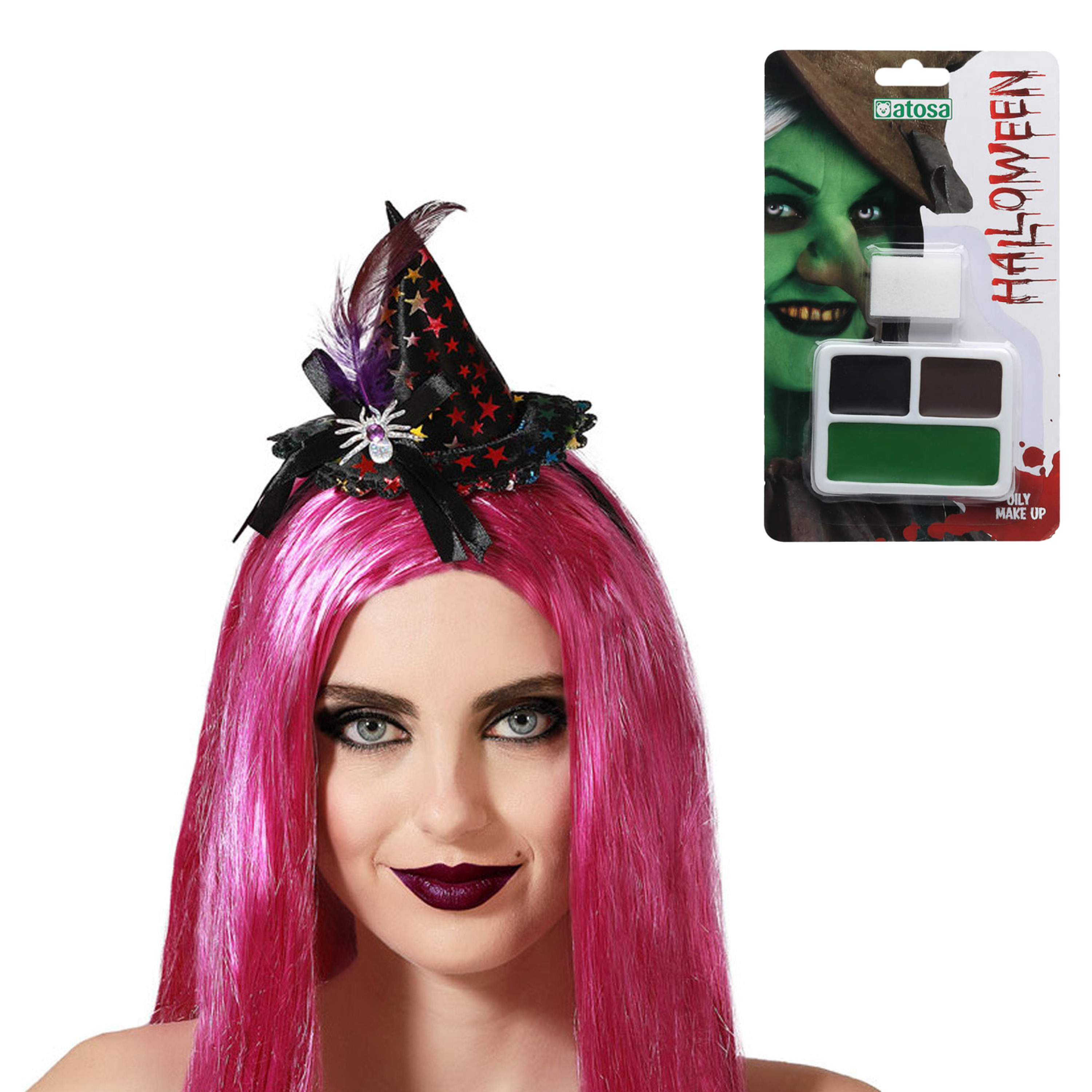Verkleed setje heks Mini hoed op diadeem en schmink setje Carnaval-Halloween thema