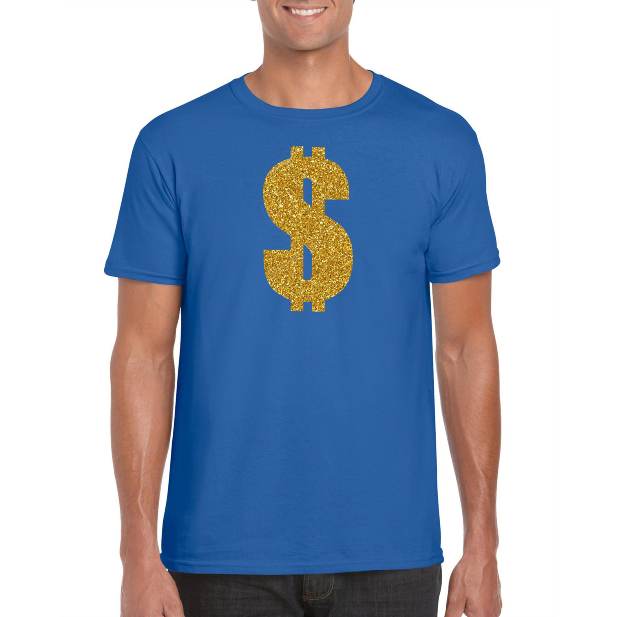 Verkleedkleding gangster-gouden dollar t-shirt blauw voor heren