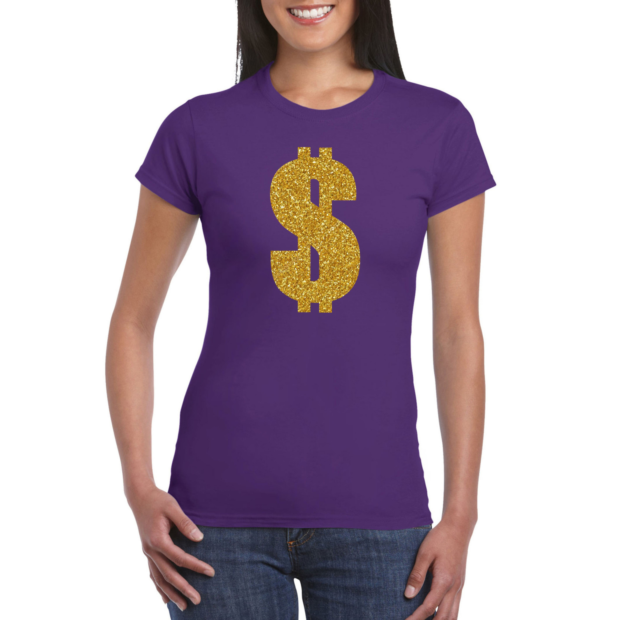 Verkleedkleding gangster-gouden dollar t-shirt paars voor dames