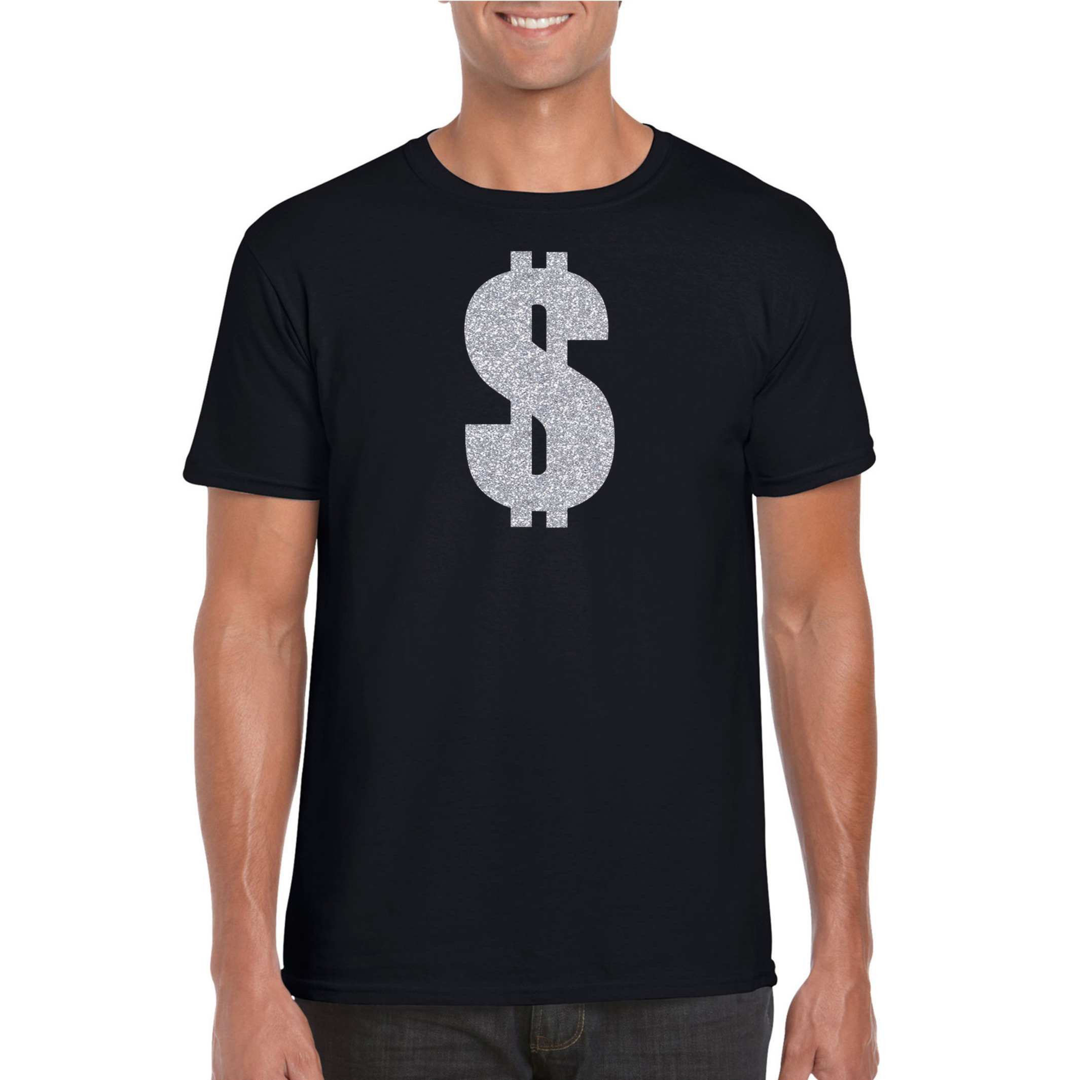 Verkleedkleding gangster-zilveren dollar t-shirt zwart voor heren