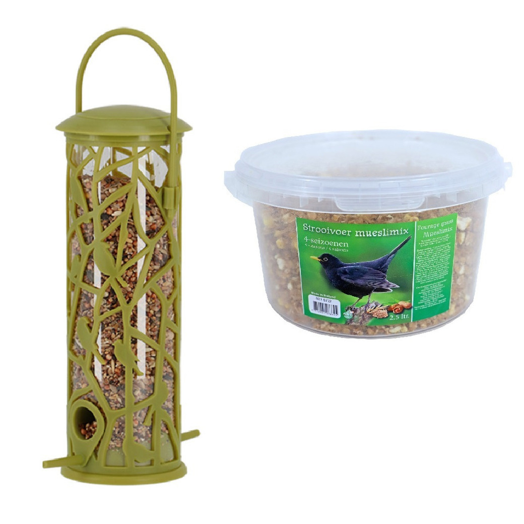 Vogel voedersilo met zitstokjes groen kunststof 27 cm inclusief 4-seizoenen mueslimix vogelvoer