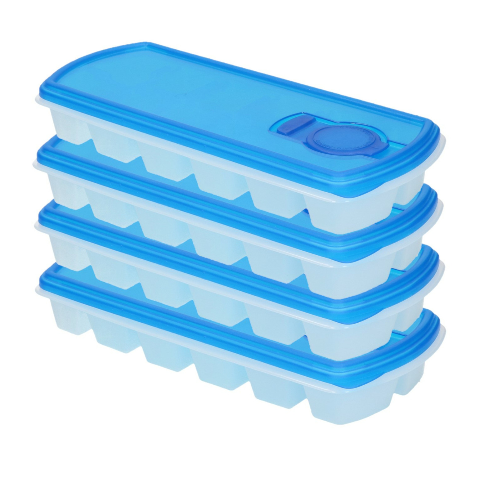 Voordeelset van 4x stuks iJsblokjes-ijsklontjes maken bakjes met afsluit deksel blauw 26 cm