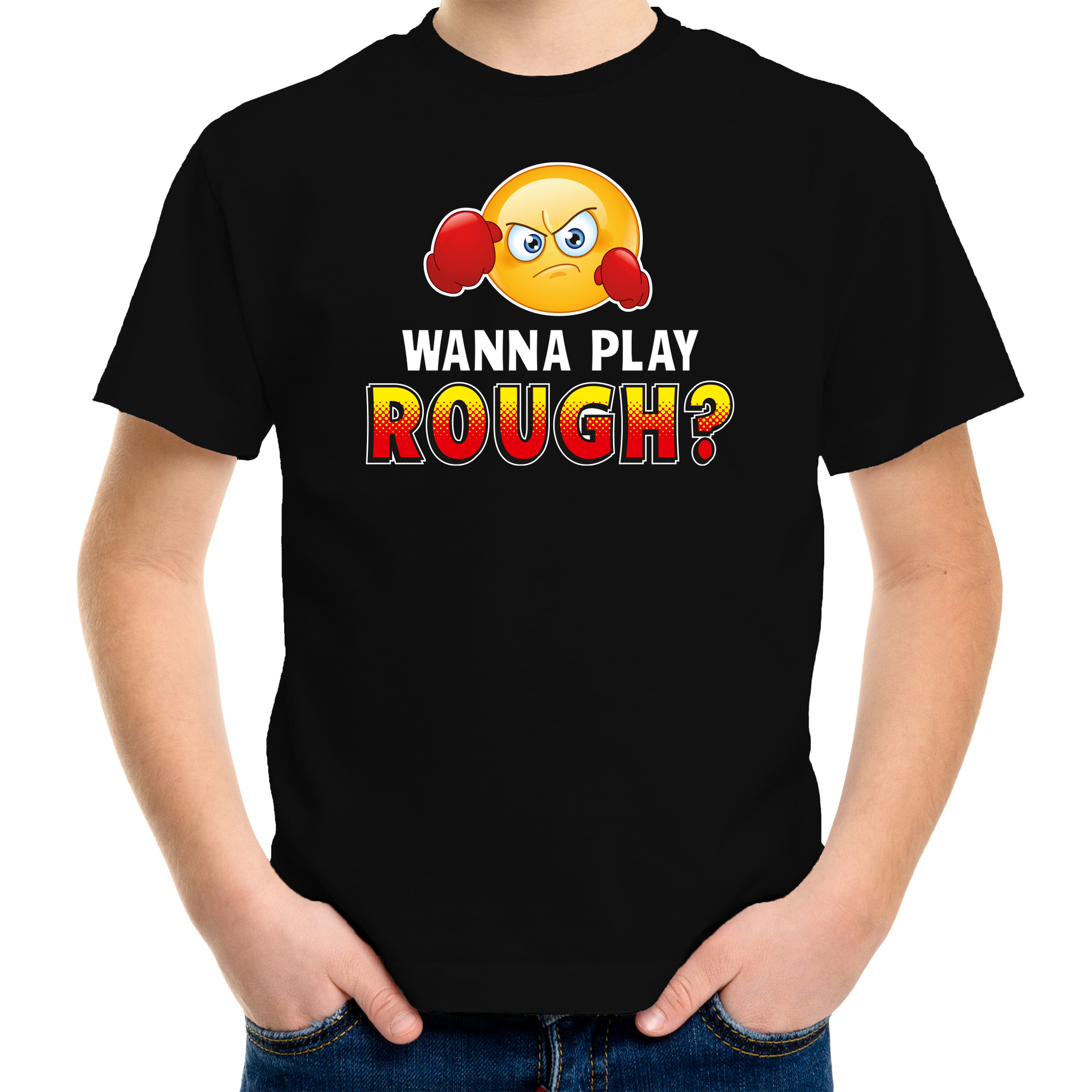 Wanna play rough funny emoticon shirt kids zwart
