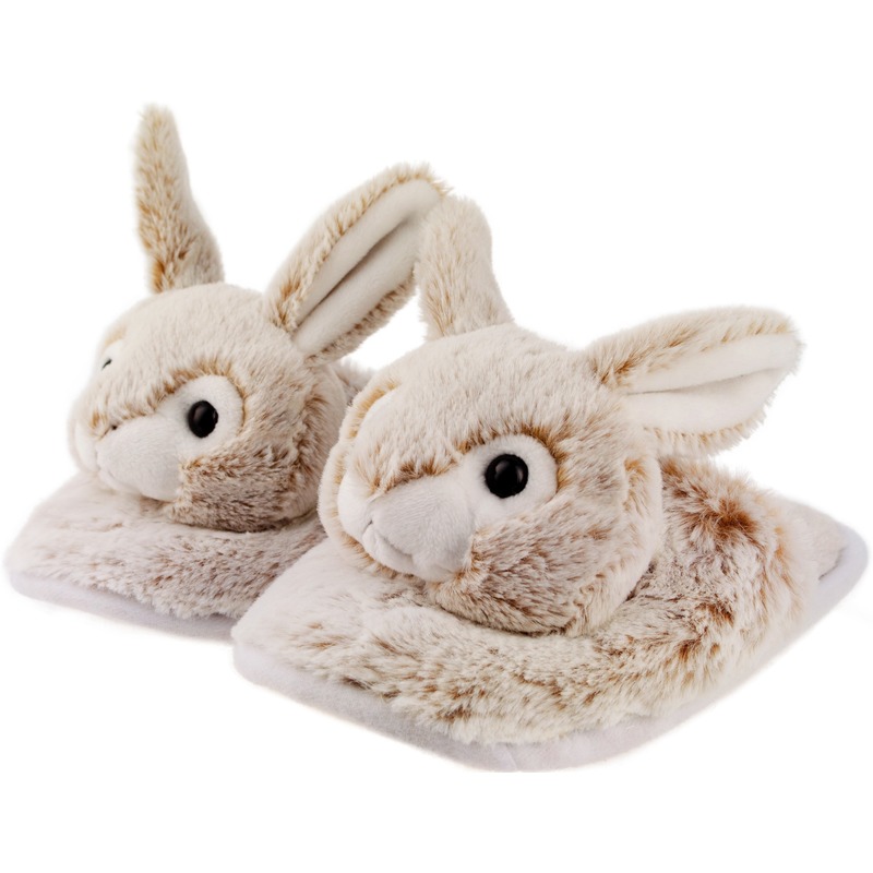 Warme dieren slofjes-pantoffeltjes konijn-haas bruin-wit voor jongens-meisjes-kinderen