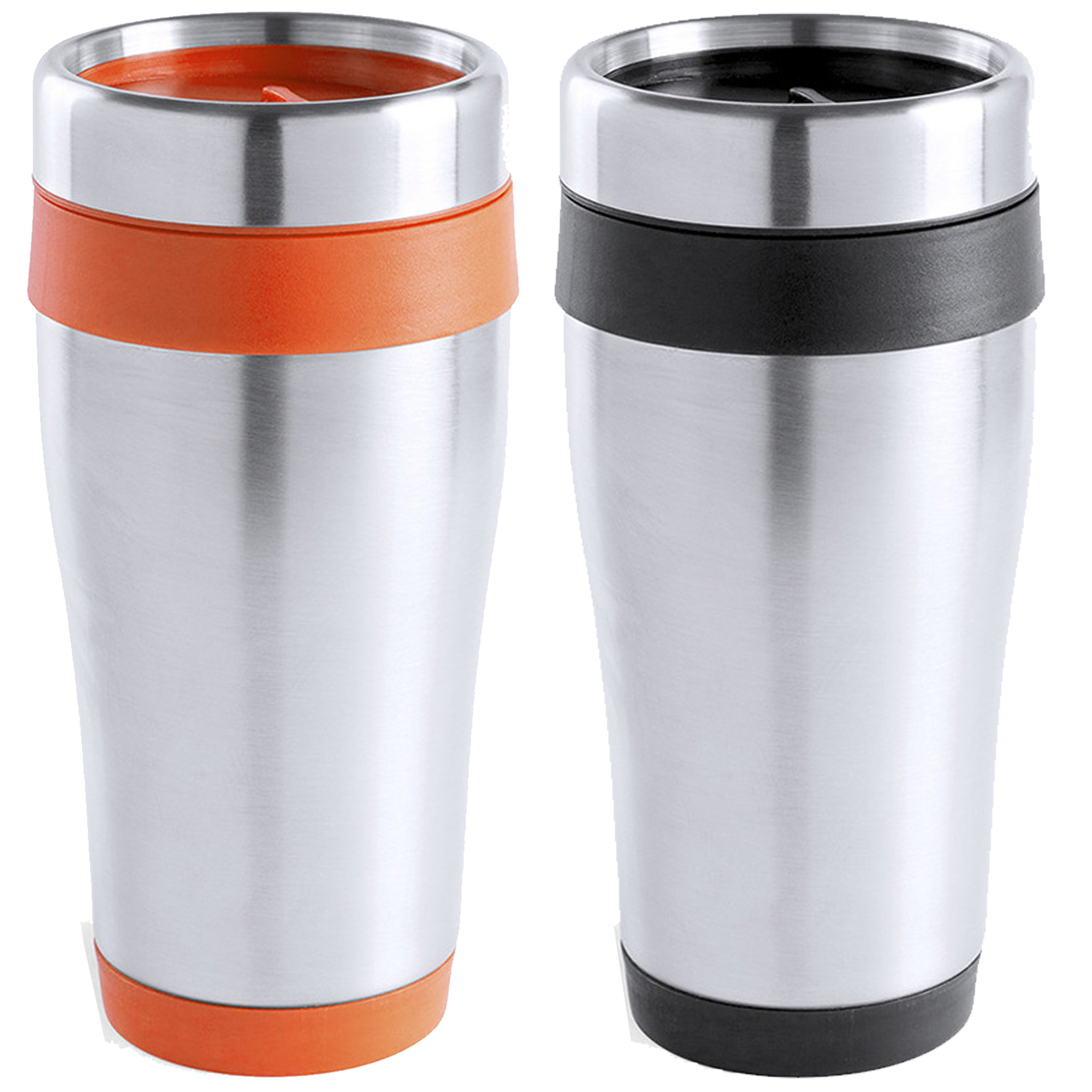 Warmhoudbekers-thermos isoleer koffiebekers-mokken 2x stuks RVS zwart en oranje 450 ml