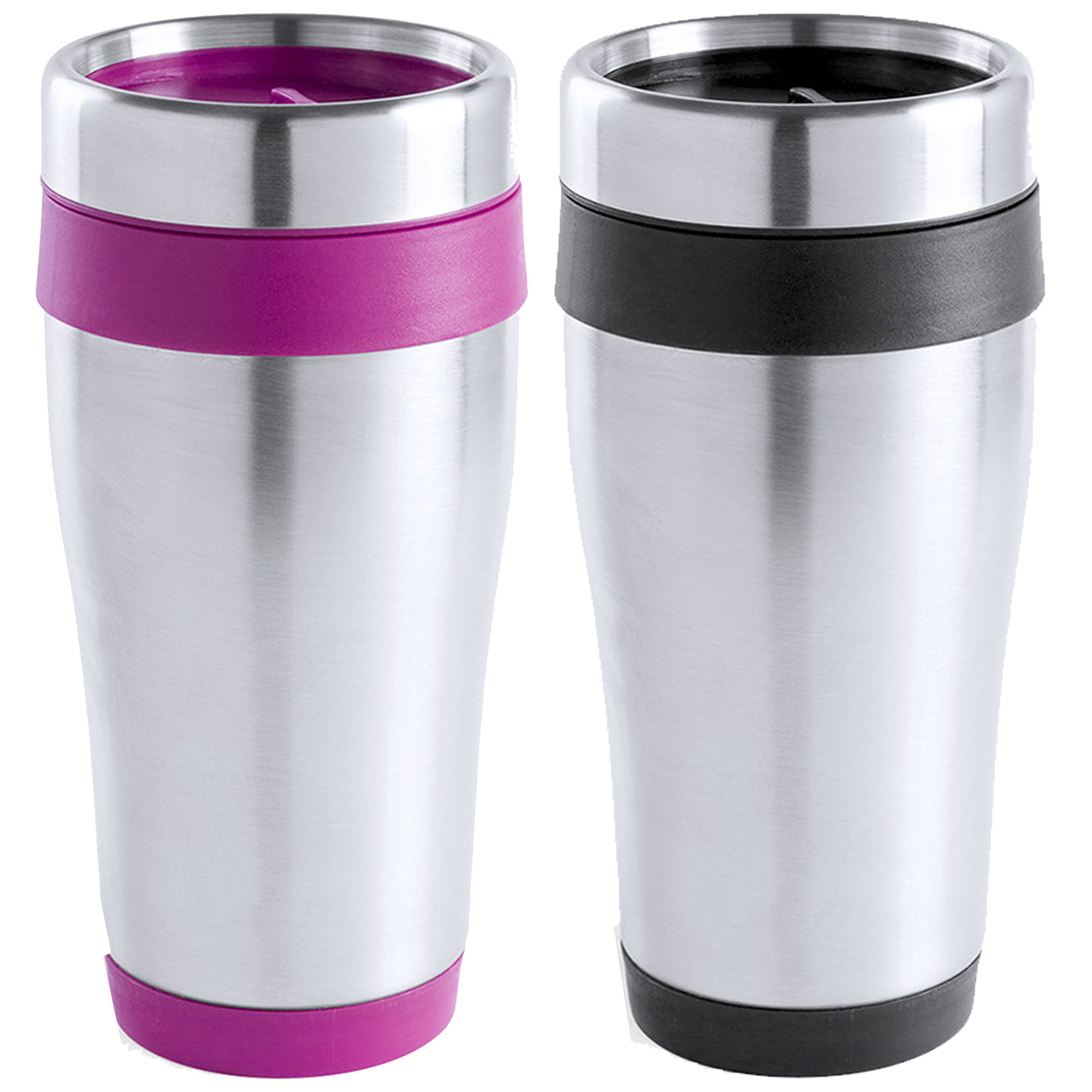Warmhoudbekers-thermos isoleer koffiebekers-mokken 2x stuks RVS zwart en roze 450 ml