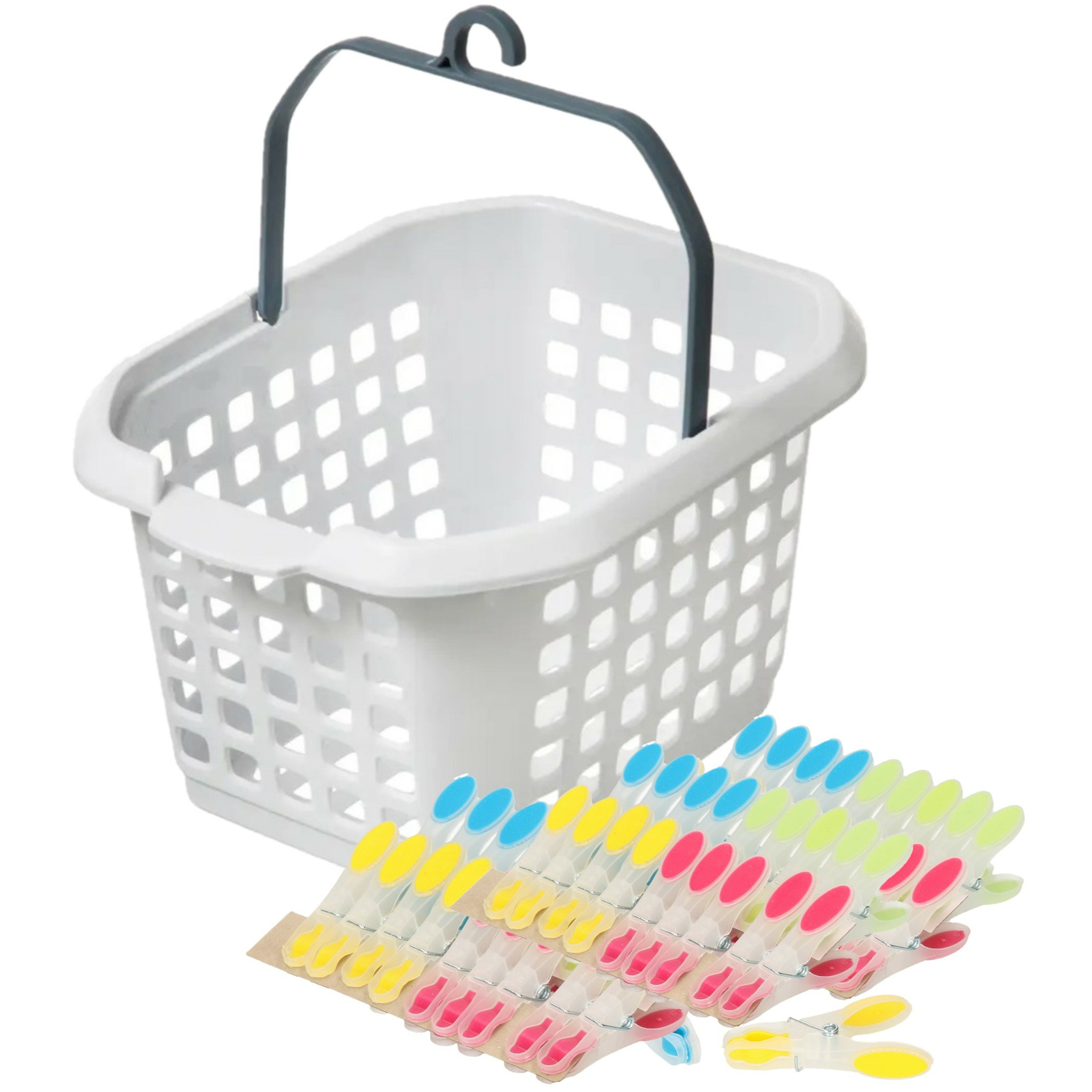 Wasknijpers ophang mandje-bakje wit met 60x plastic soft grip knijpers