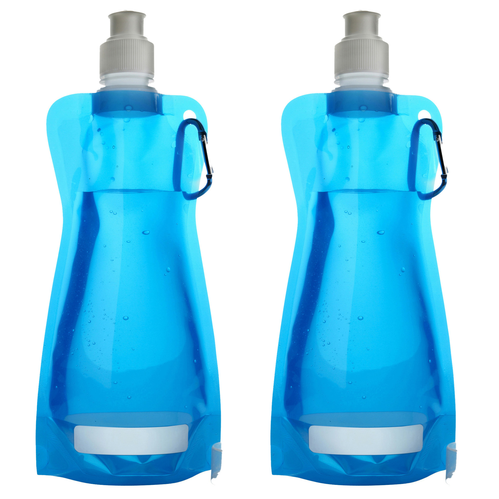 Waterfles-drinkfles opvouwbaar 2x lichtblauw kunststof 420 ml schroefdop karabijnhaak