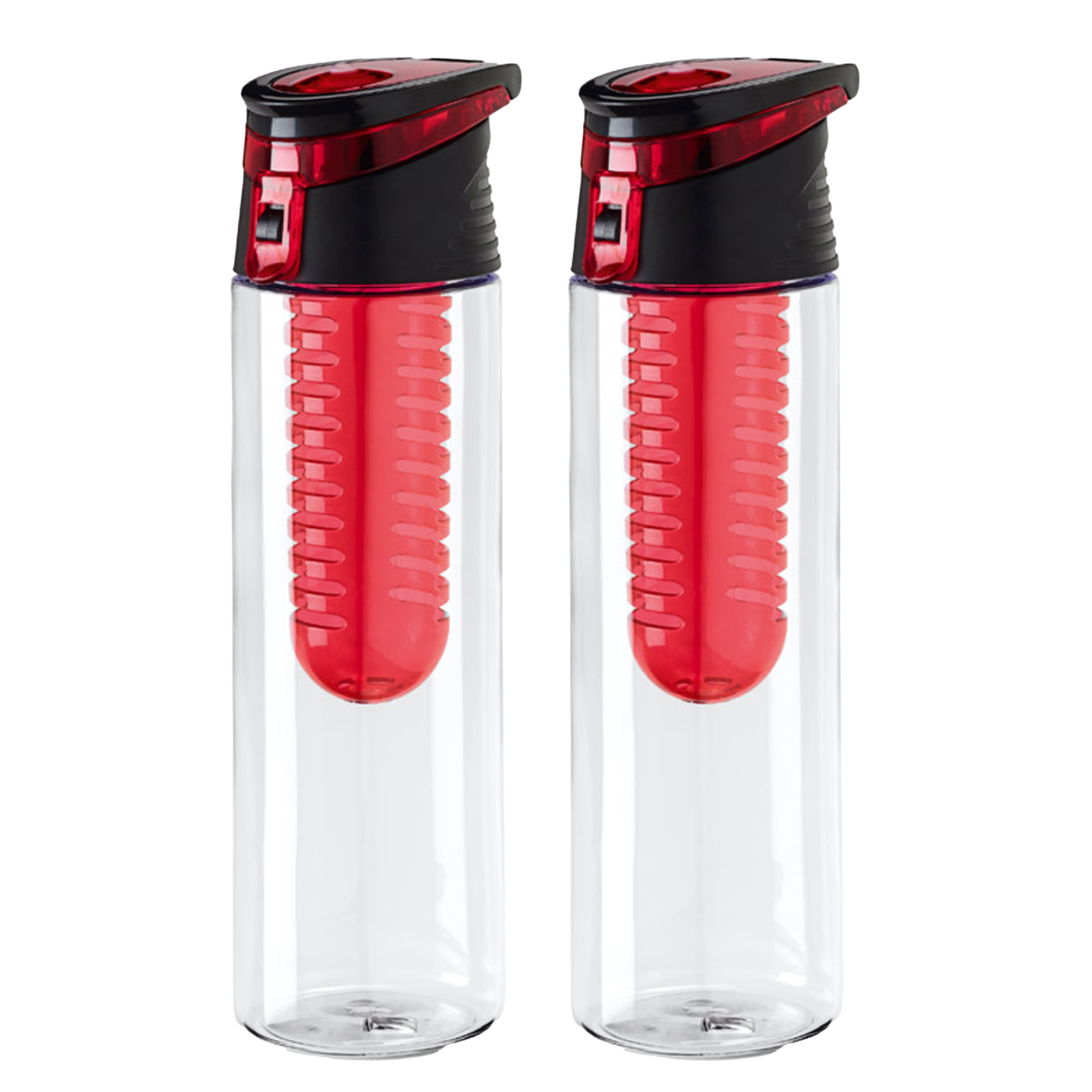 Waterfles-sportfles-drinkfles Waterprofs 2x transparant-rood kunststof 740 ml met fruit filter