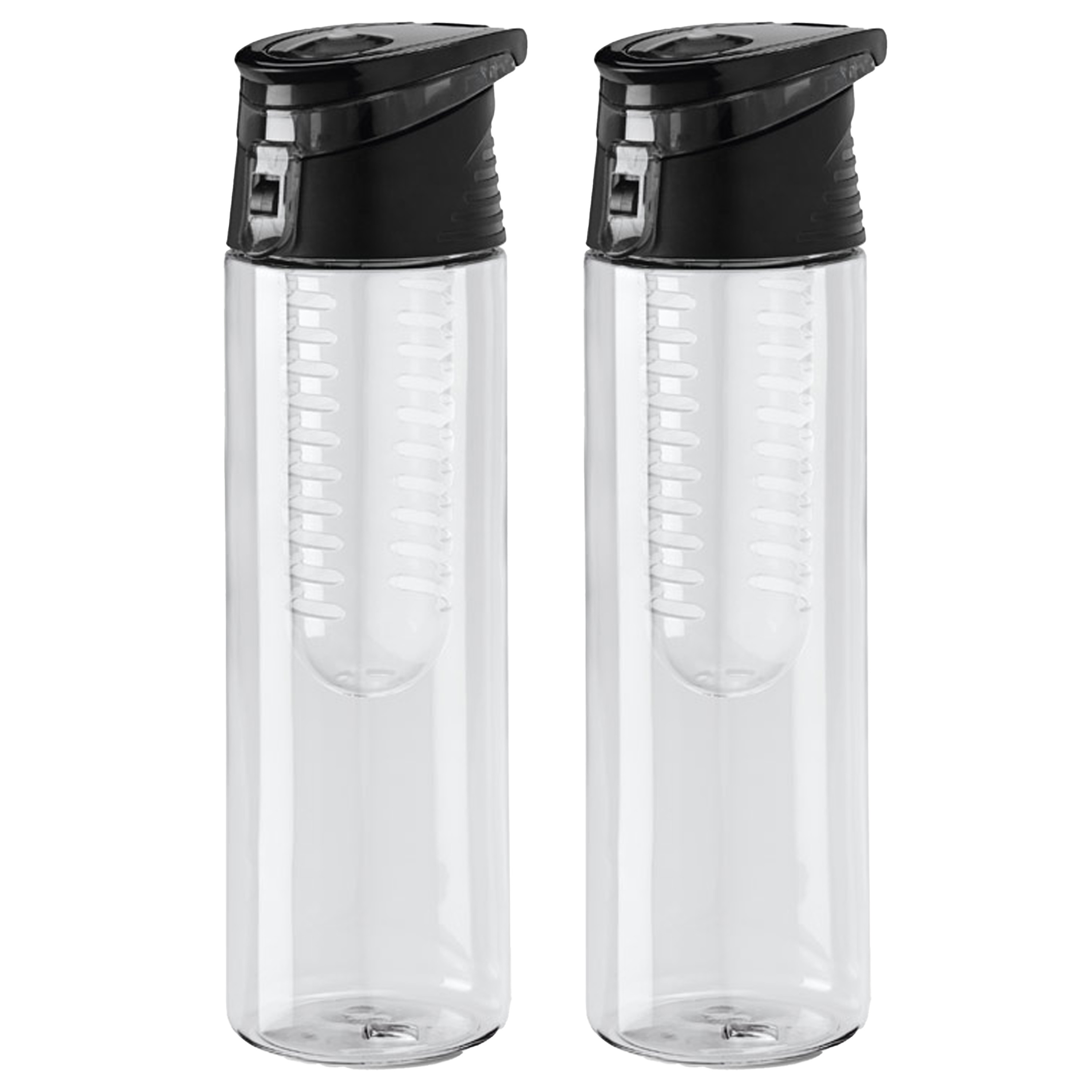 Waterfles-sportfles-drinkfles Waterprofs 2x transparant-zwart kunststof 740 ml met fruit filter