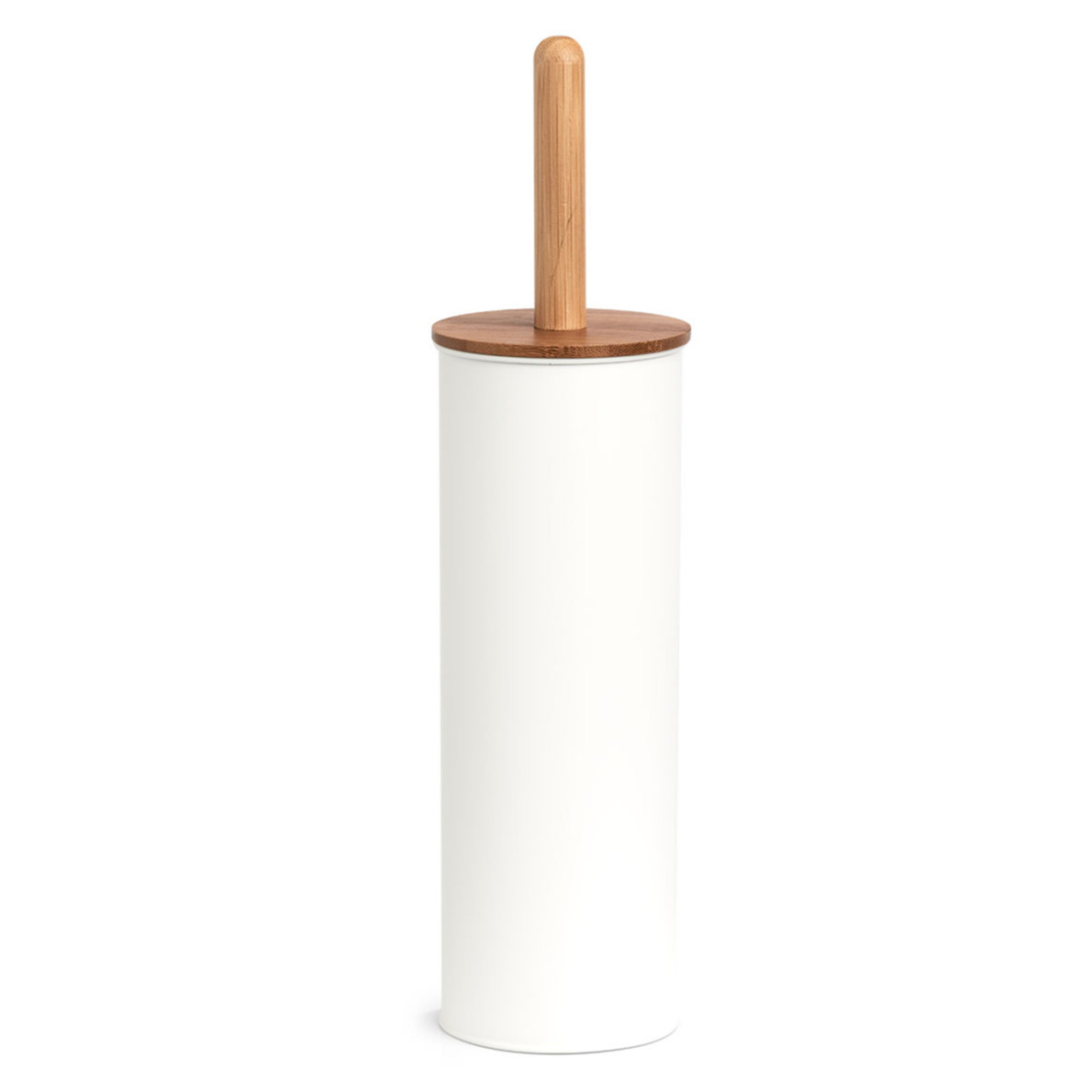 WC-Toiletborstel in houder bamboe hout-metaal wit H38 x D10 cm