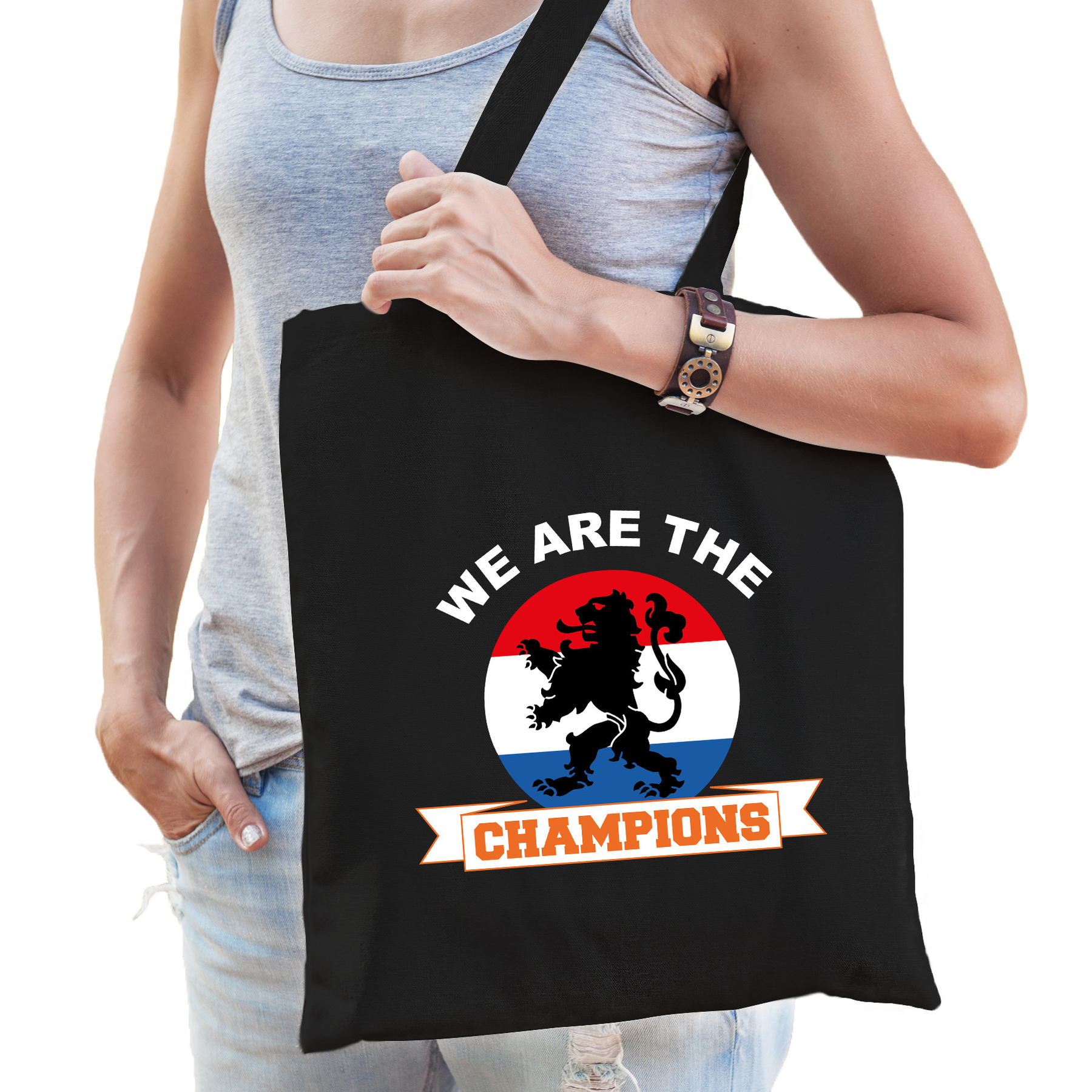 We are the champions oranje supporter tas zwart voor dames en heren EK- WK voetbal-Koningsdag
