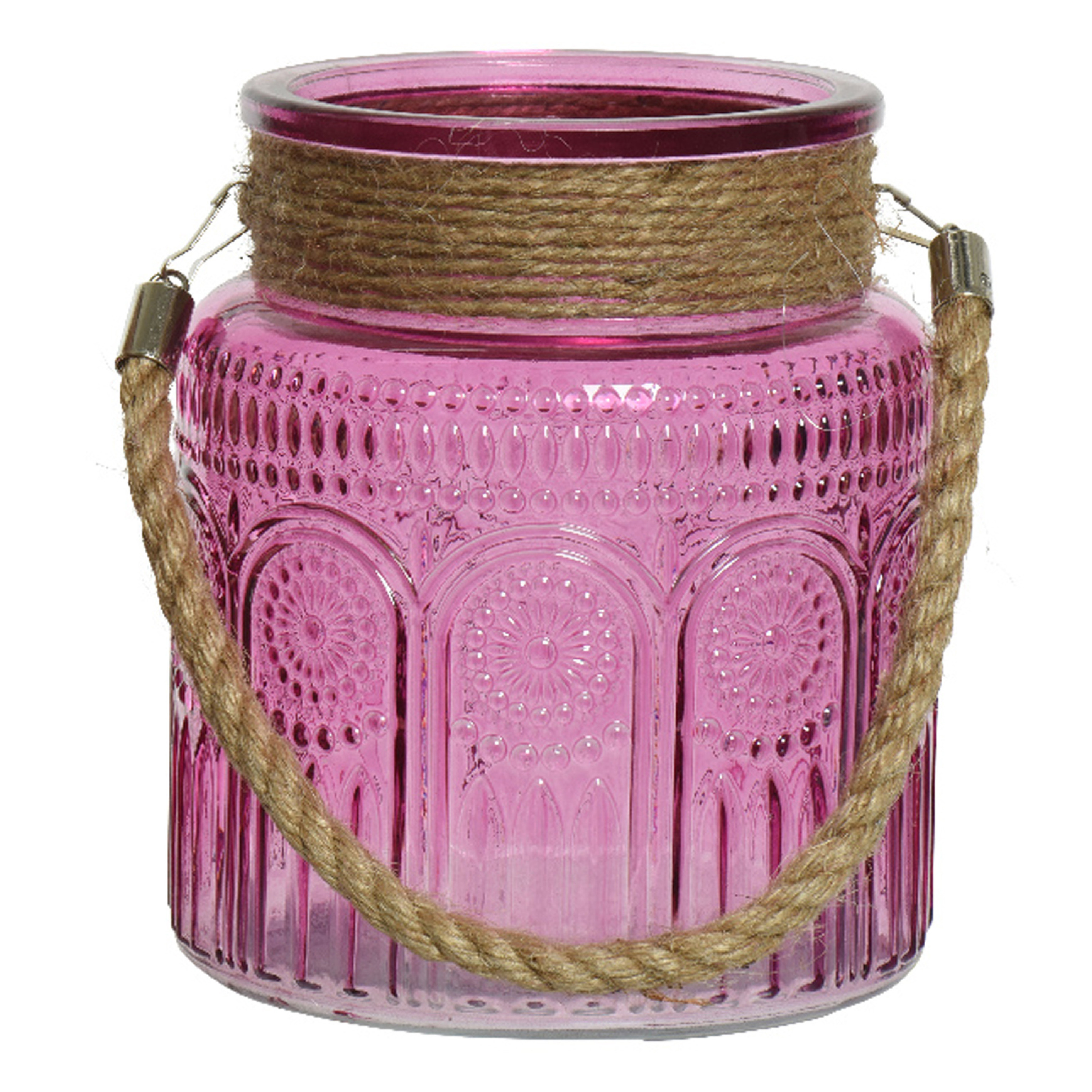 Windlicht-lantaarn met relief glas D14 x H16 cm fuchsia roze
