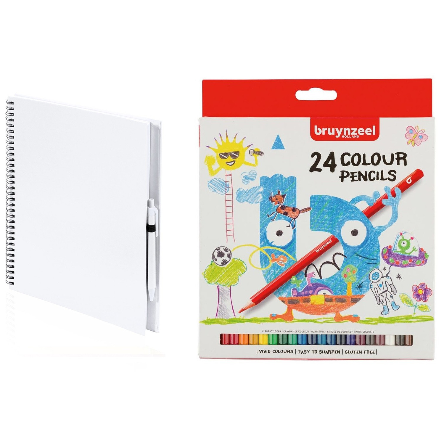 Wit schetsboek-tekenboek met 24 kleurpotloden